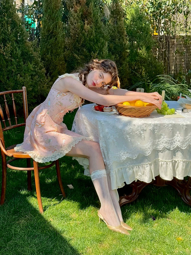 Vintage Pastoral Printed Lace Slip Dress