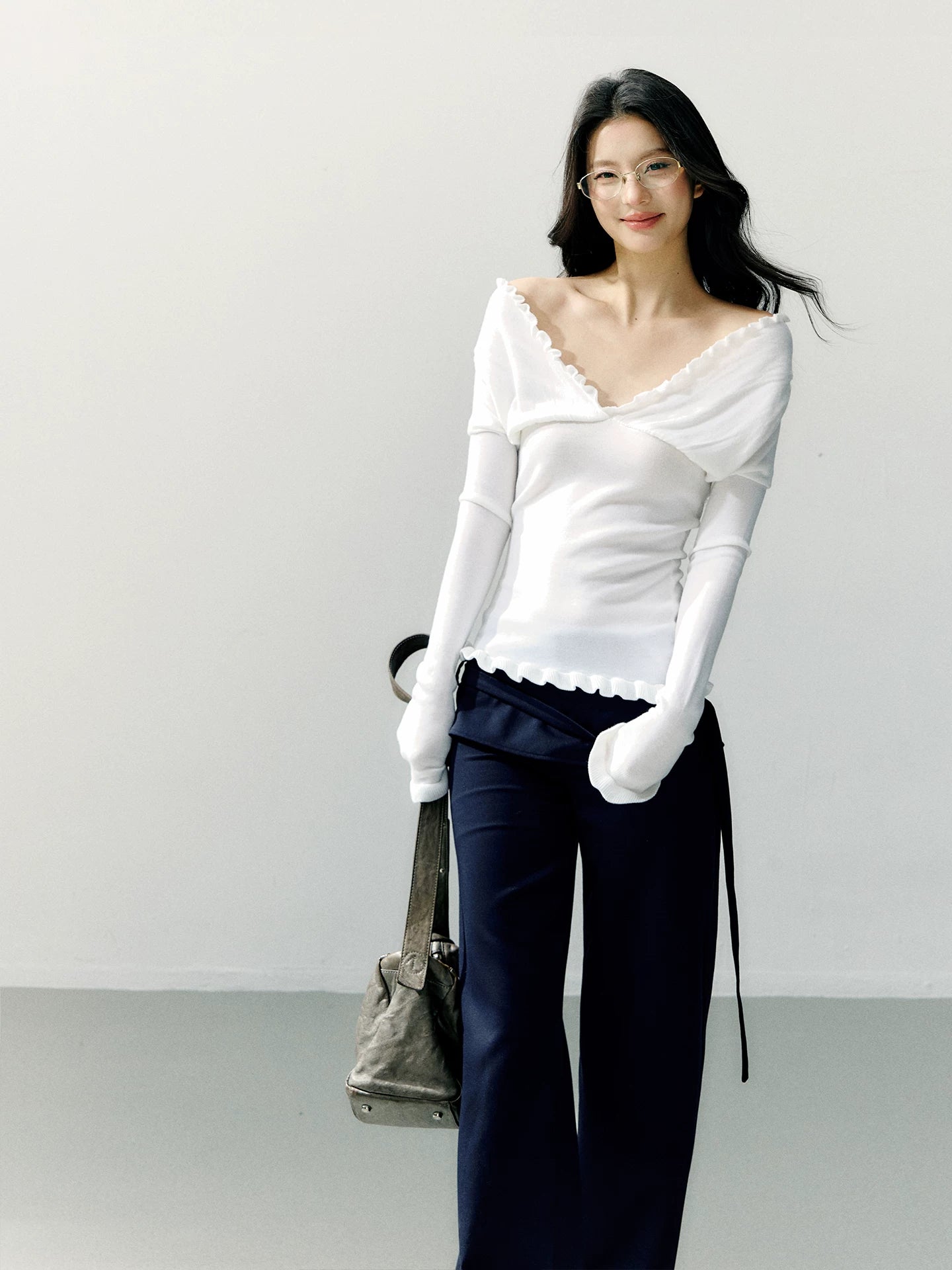 Off-Shoulder Ruffle Trim Fitted Knit Base Layer