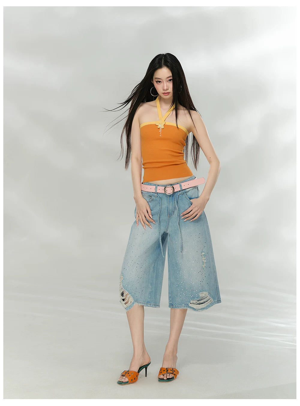 Crystal Distressed Cropped Straight-Leg Denim Jeans