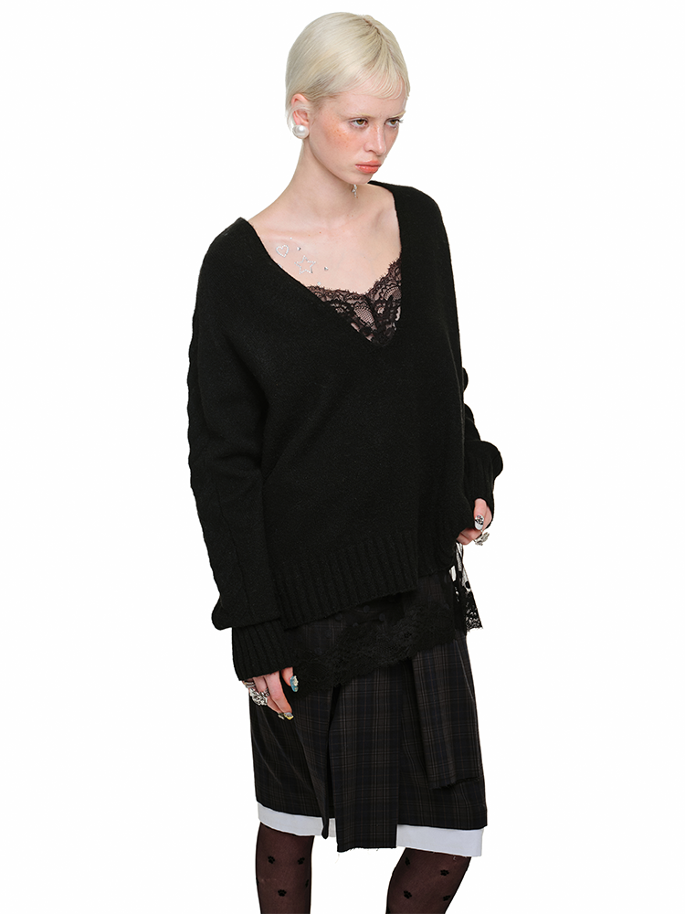 Suede V-neck Loose Sweater - CHINASQUAD