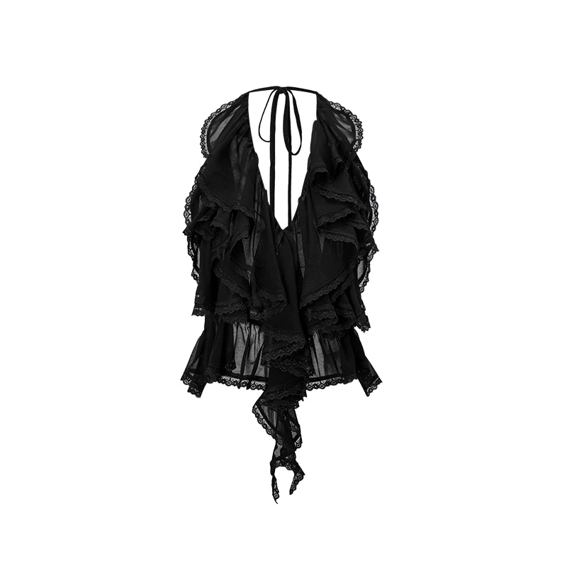 Black & White Ruffled Lace Edges Halter Blouse - CHINASQUAD