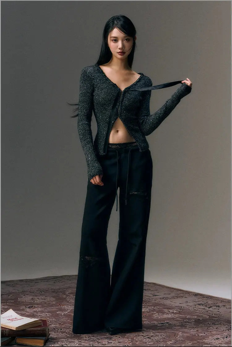 Black & Gray Ribbon Front Shimmer Wool V-neck Cardigan - CHINASQUAD