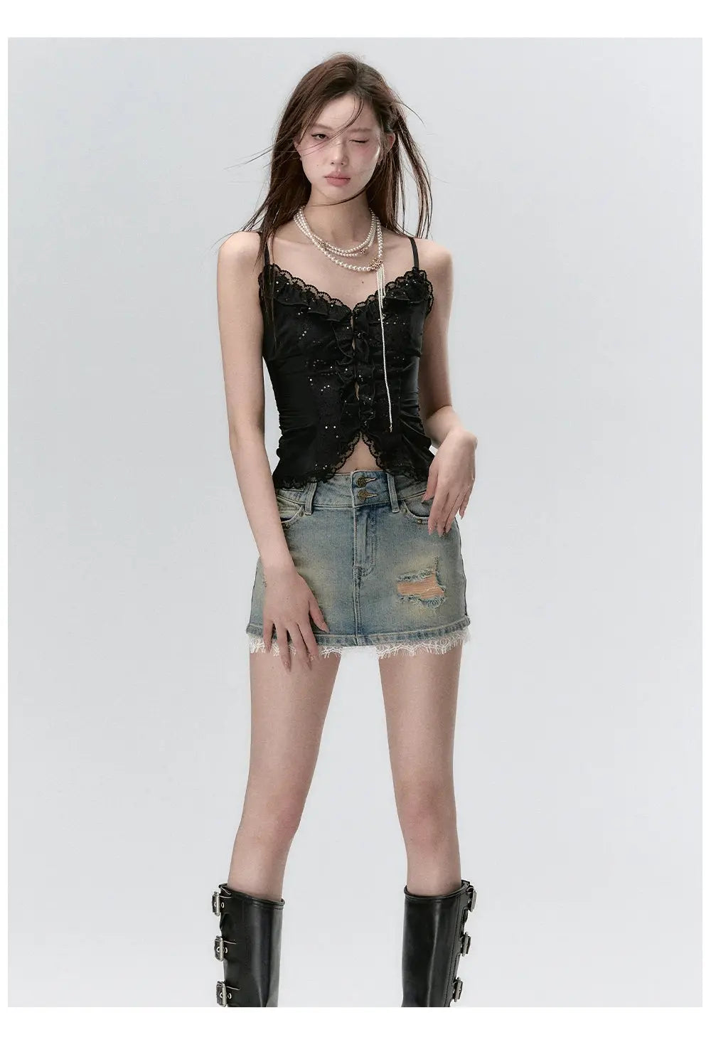 Sparkly Lace Ruffled Edge Tank Top - CHINASQUAD