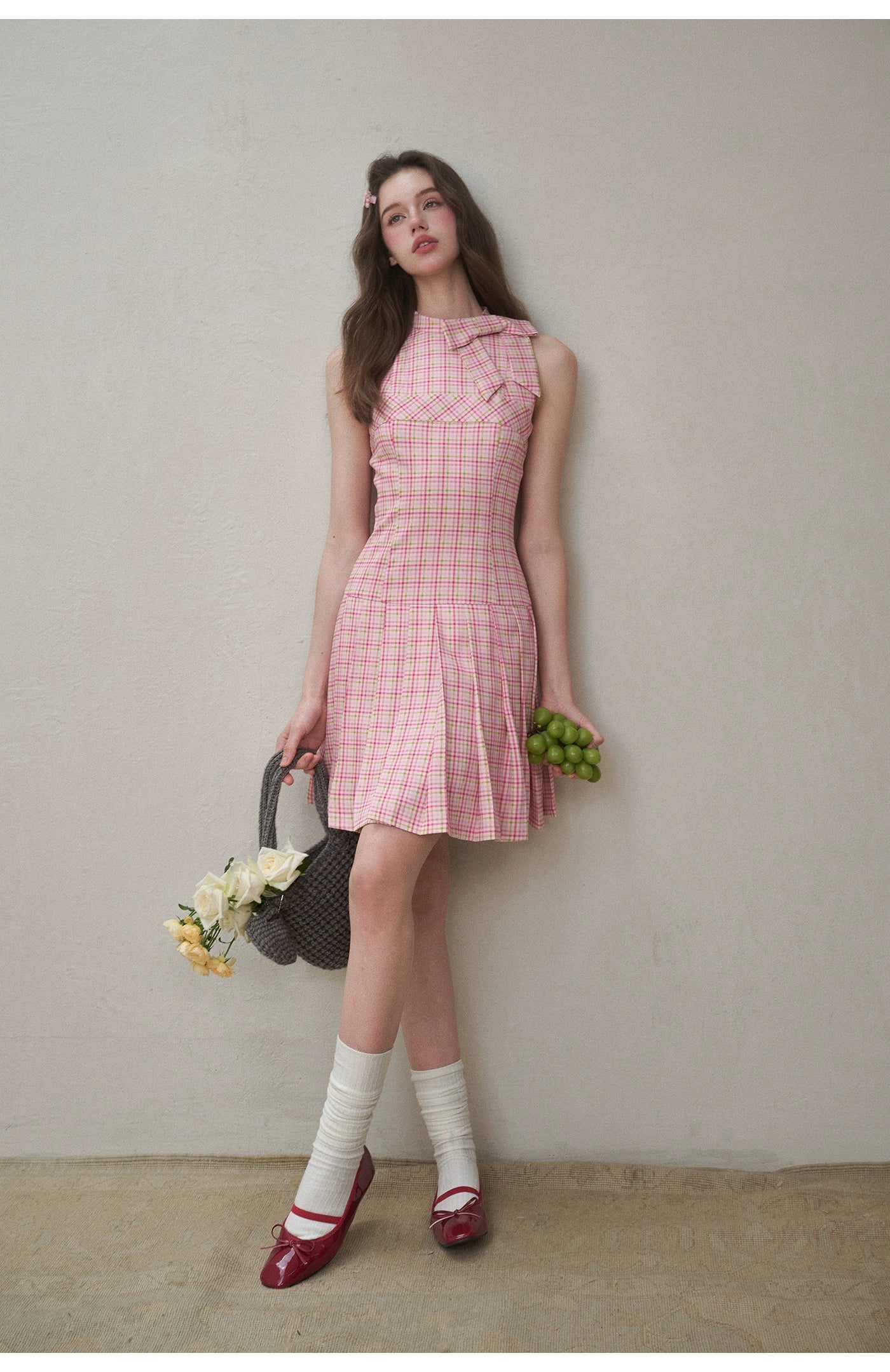 Mint & Strawberry Check Halter Dress