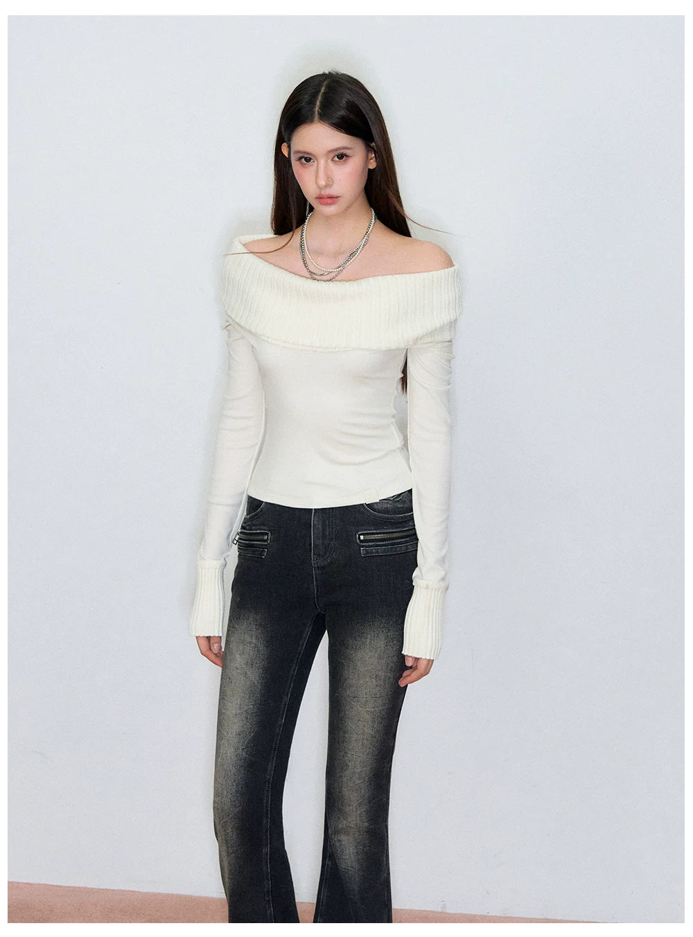 Draped Cowl-Neck Patchwork Knit Sweater