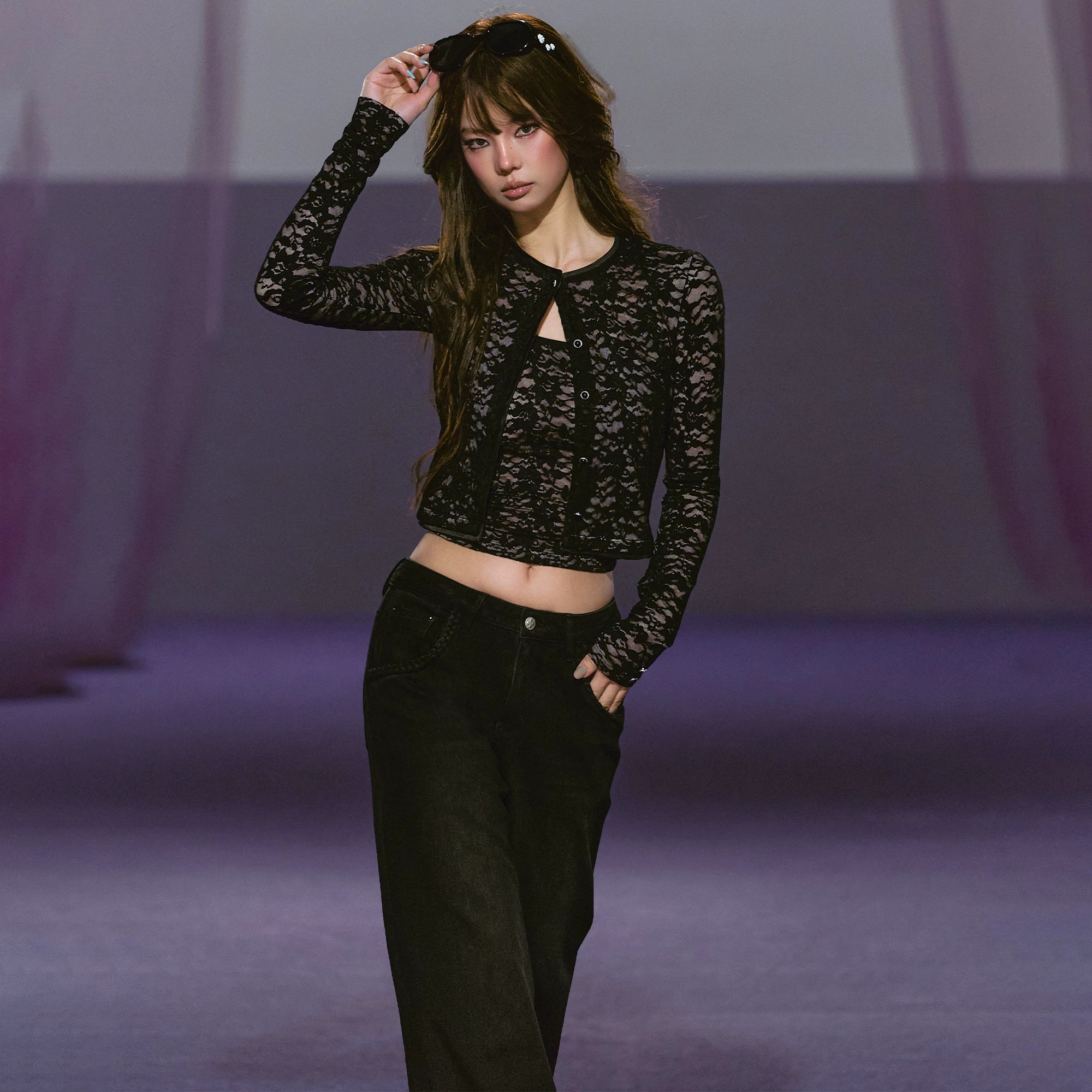 Lace & Satin Layered Cardigan & Lace Camisole