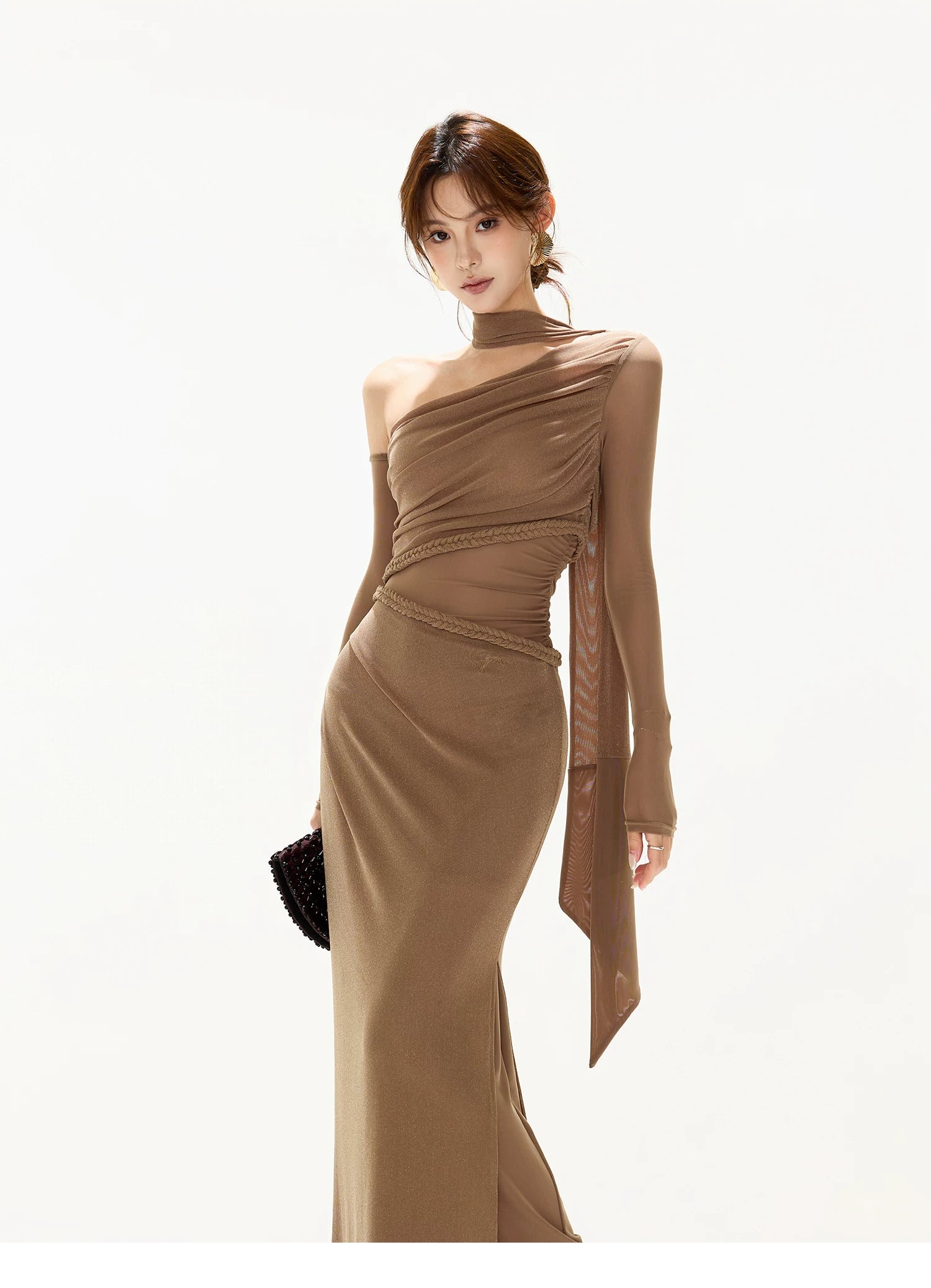 One-Shoulder Mesh Cut-Out Maxi Dress