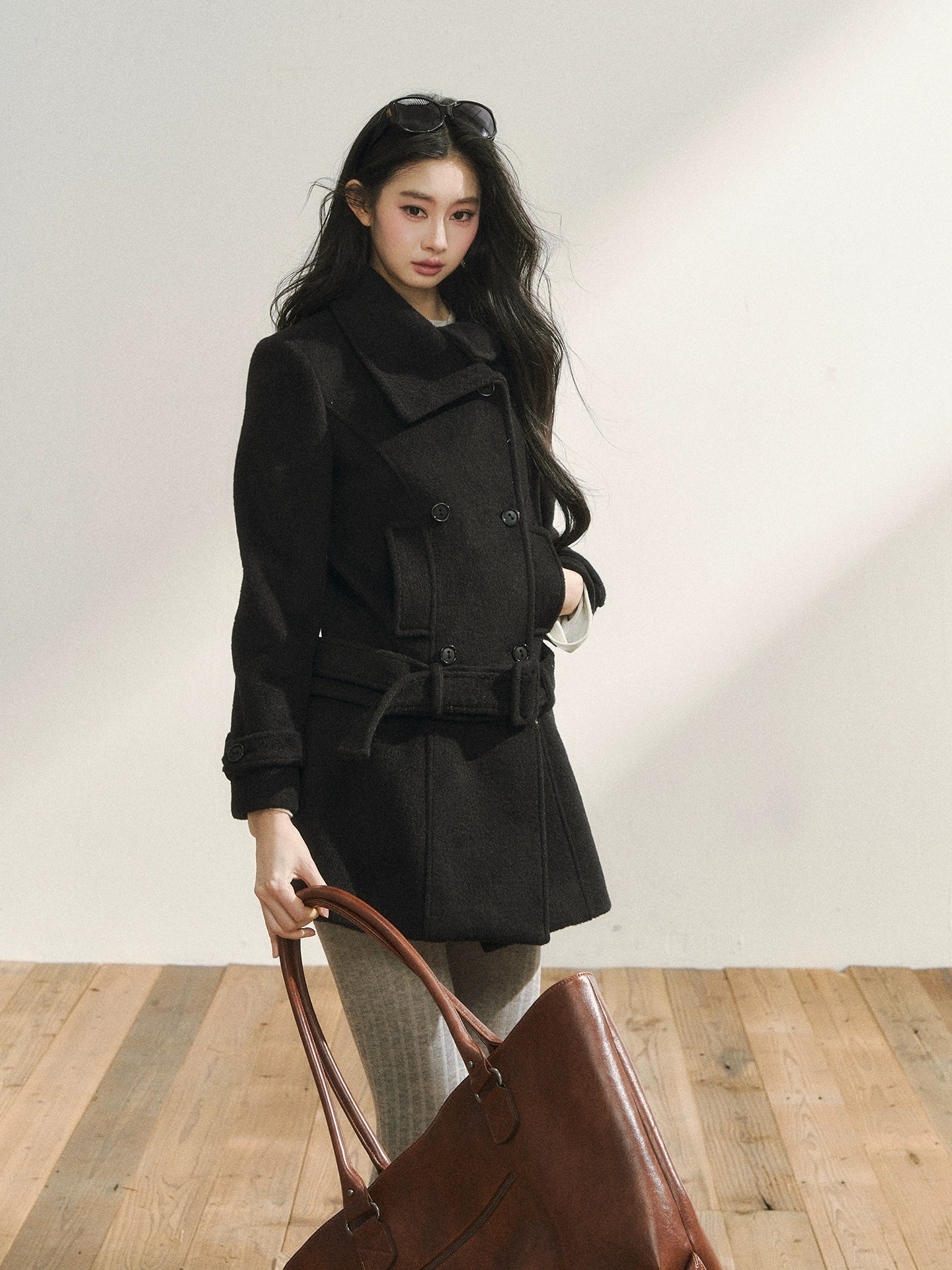 Black Wool-Blend Detachable Hem Double-Breasted Coat