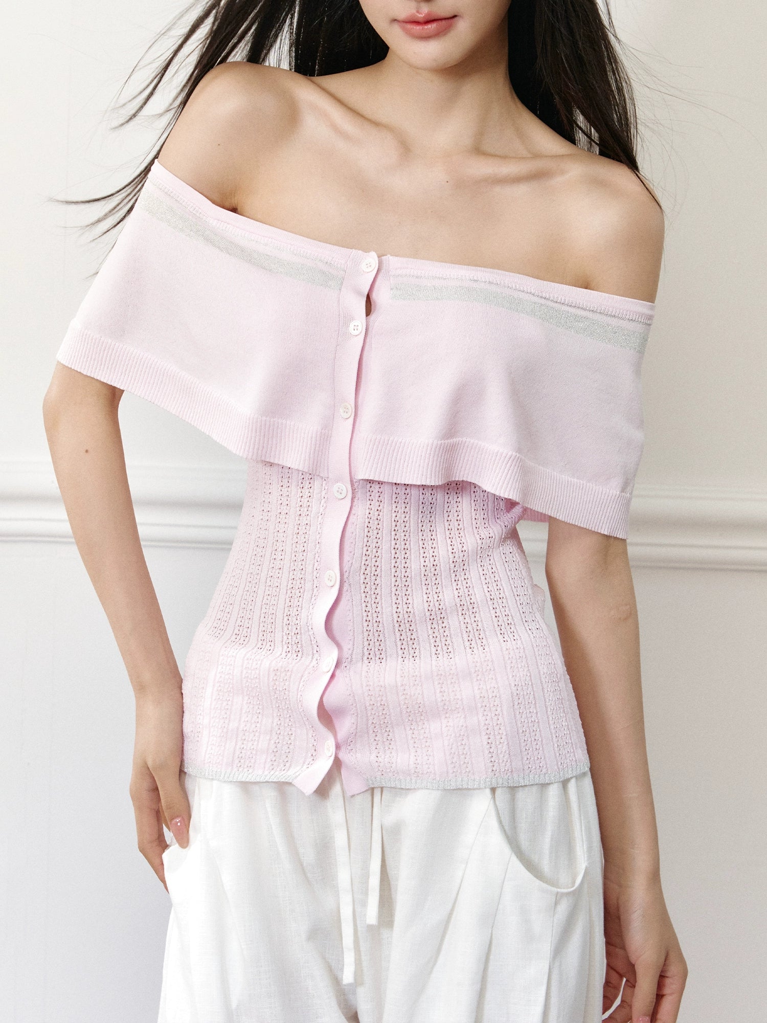Color-block Off-shoulder Poncho-style Knit T-shirt - CHINASQUAD