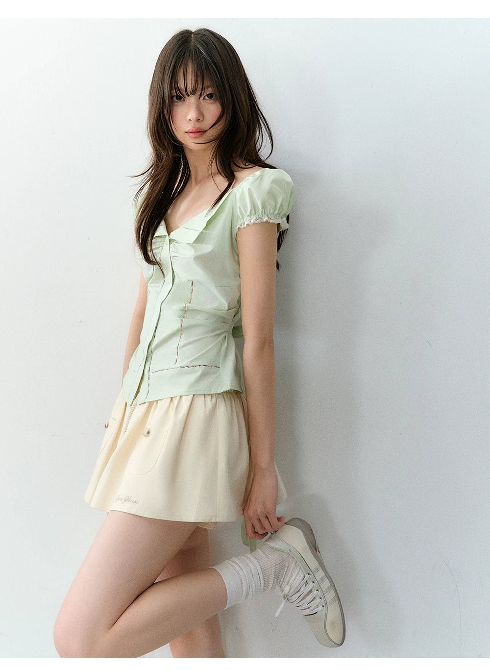 Polka Dot Lace Tie Waist Blouse