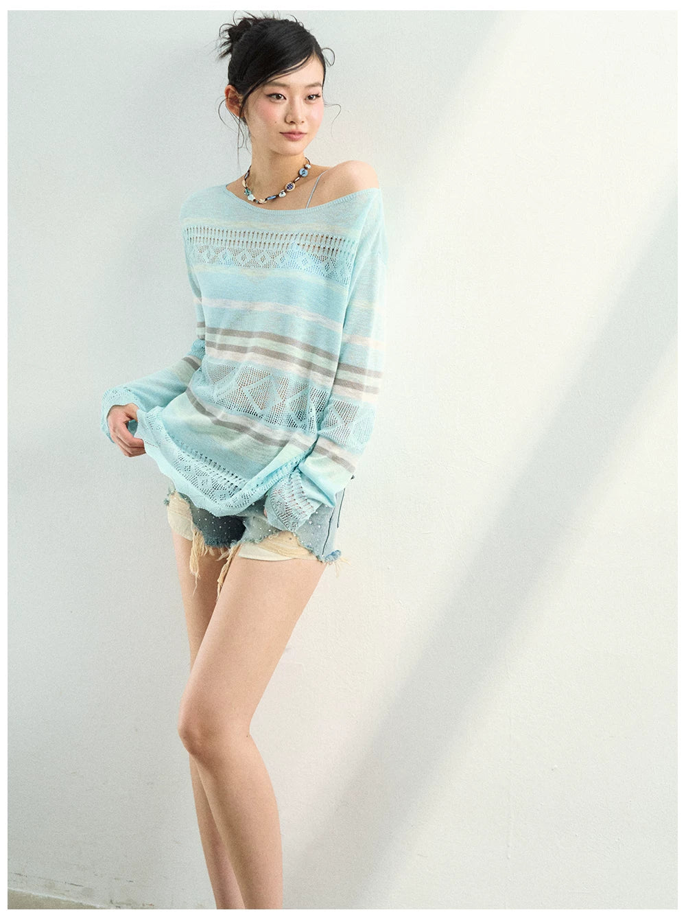 Color-Block Open Knit Stripe Blouse