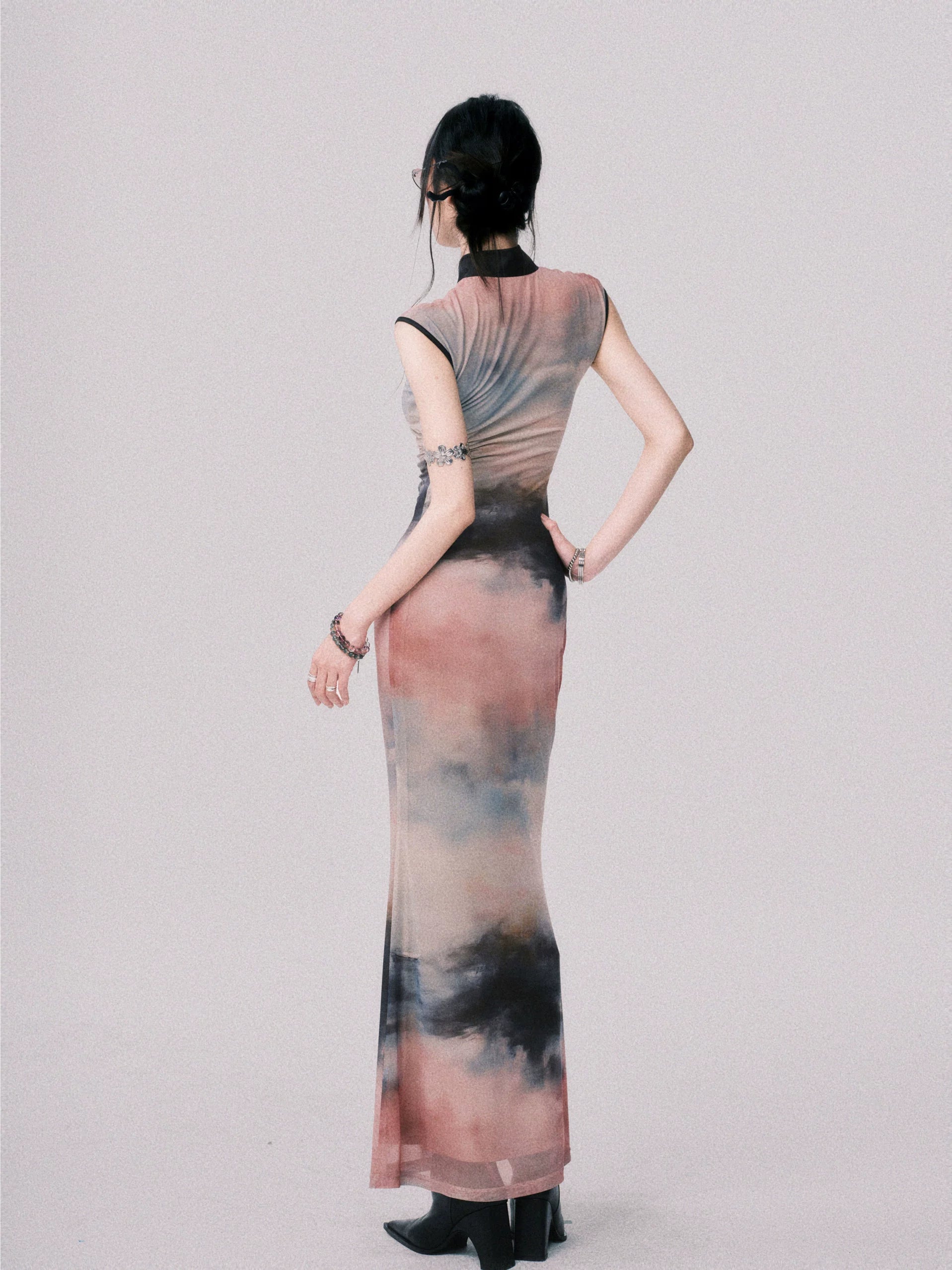 Stretch Mesh Cheongsam Maxi Dress