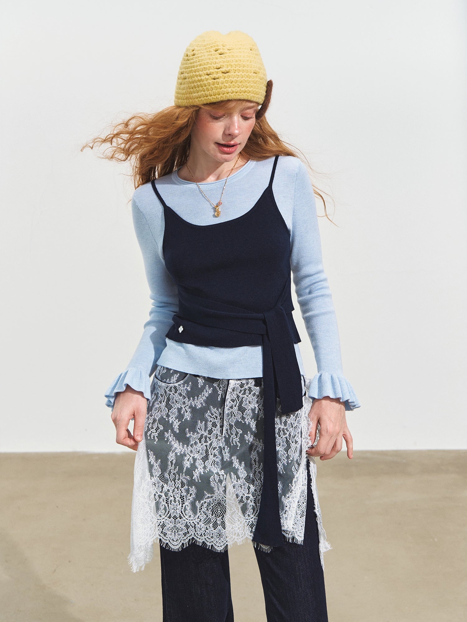 Contrast-Tie Layered Crewneck Knit Sweater