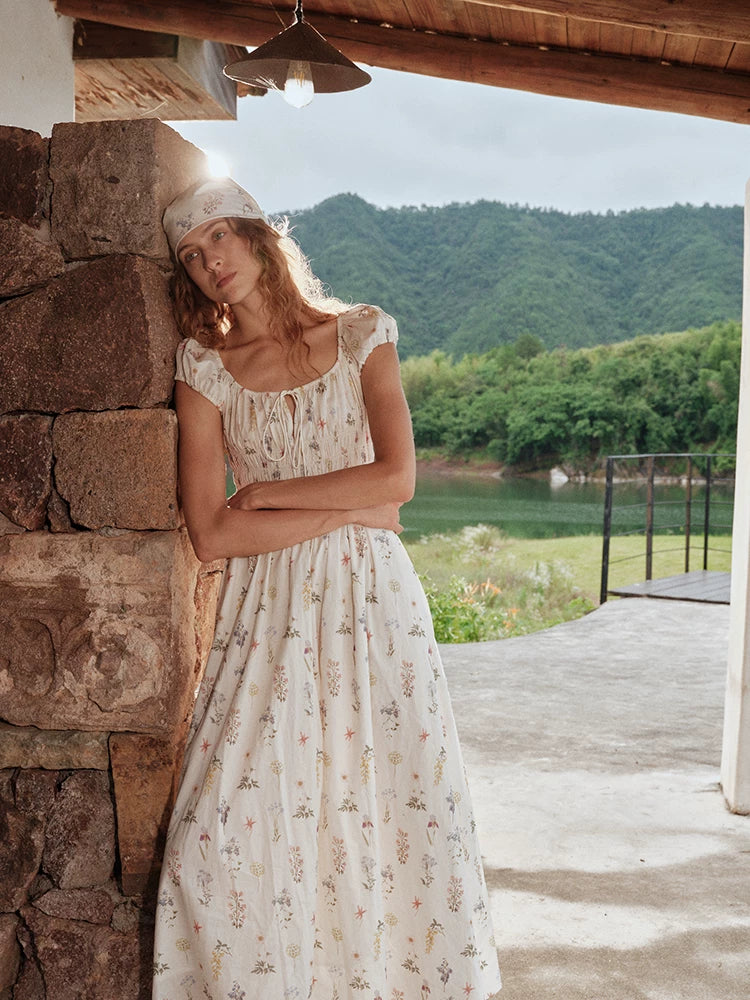 Botanical Graffiti Cotton Ruched Tie Dress