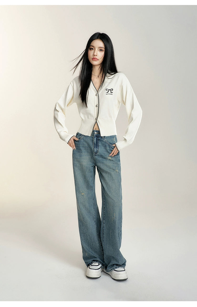 White V-neck Cropped Cardigan - CHINASQUAD