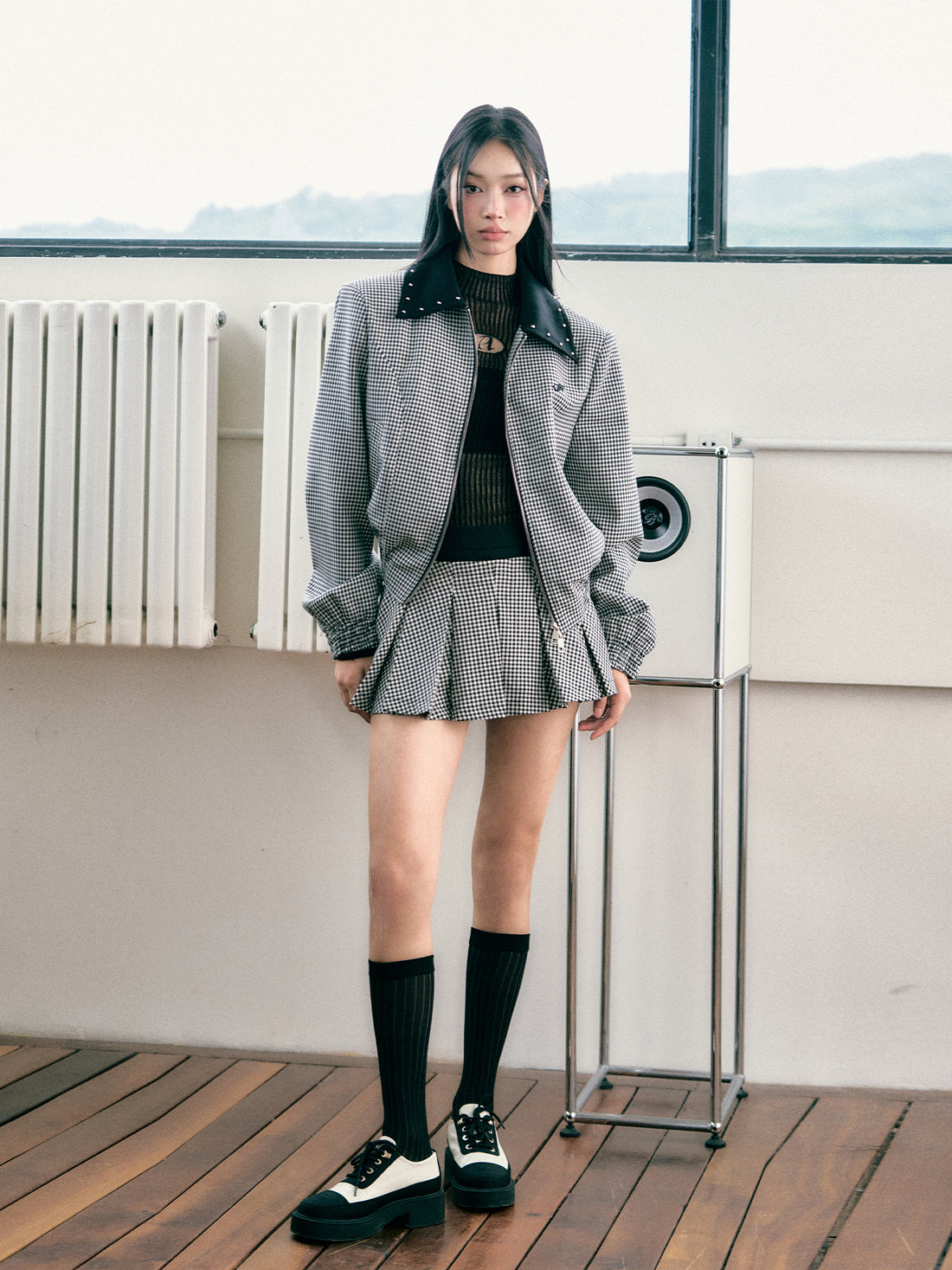Silhouette Flight Jacket with Plaid Skirt Set - CHINASQUAD