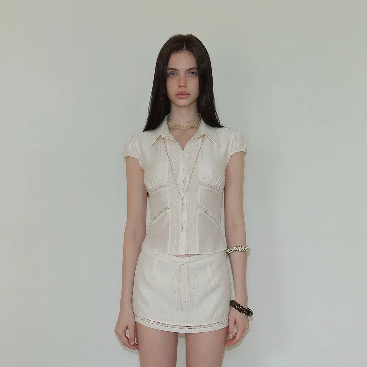 Lustrous Acetate Shirt & Mini Skirt Set NeverMore