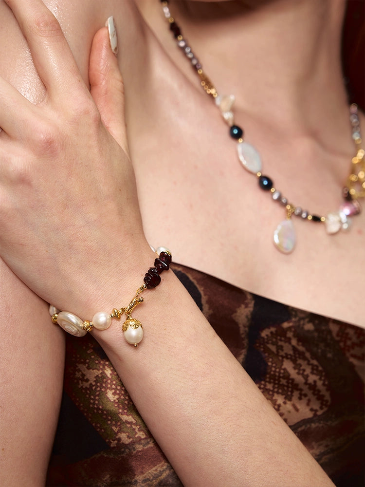 Vintage Golden Garnet Red Baroque Pearl Bracelet - CHINASQUAD