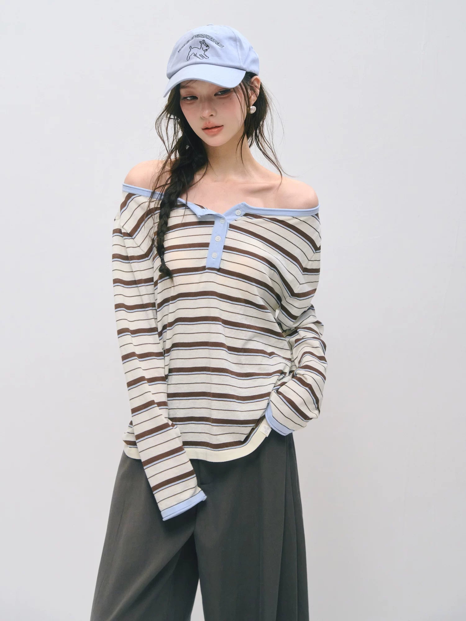 Relaxed Striped Henley Long Sleeve Top