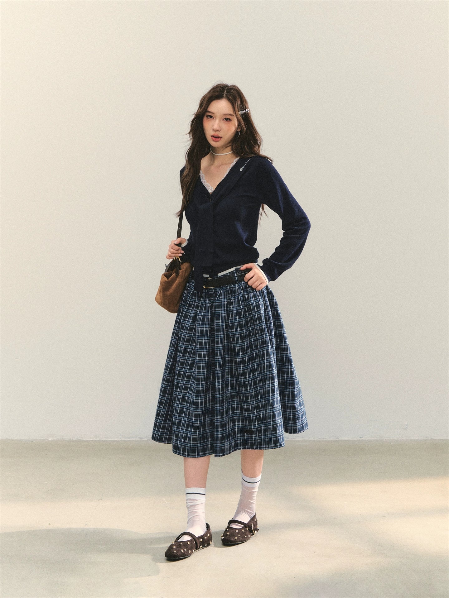 High-Waist Belted Plaid Umbrella Skirt