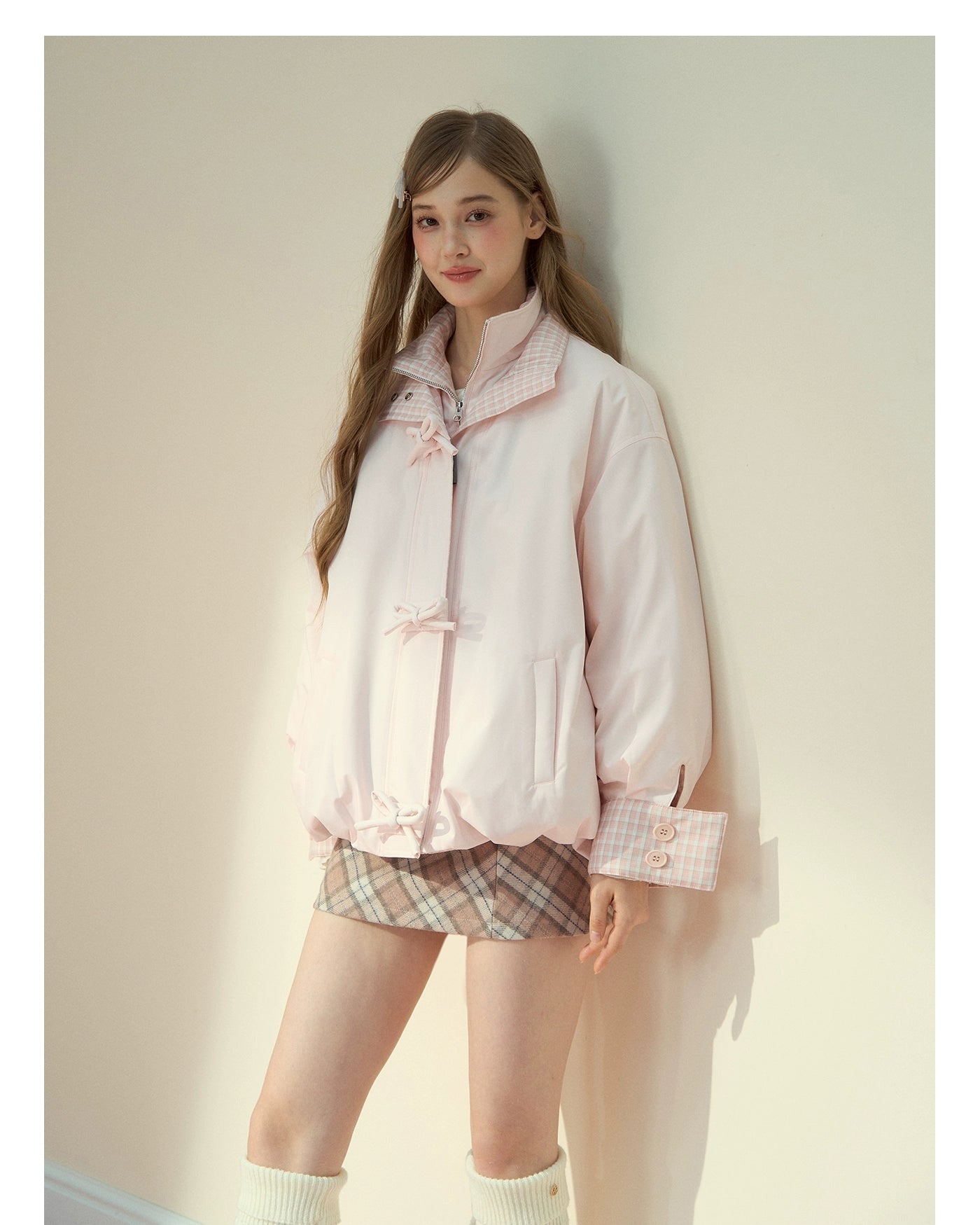 Pink Bow Check Down Jacket - CHINASQUAD