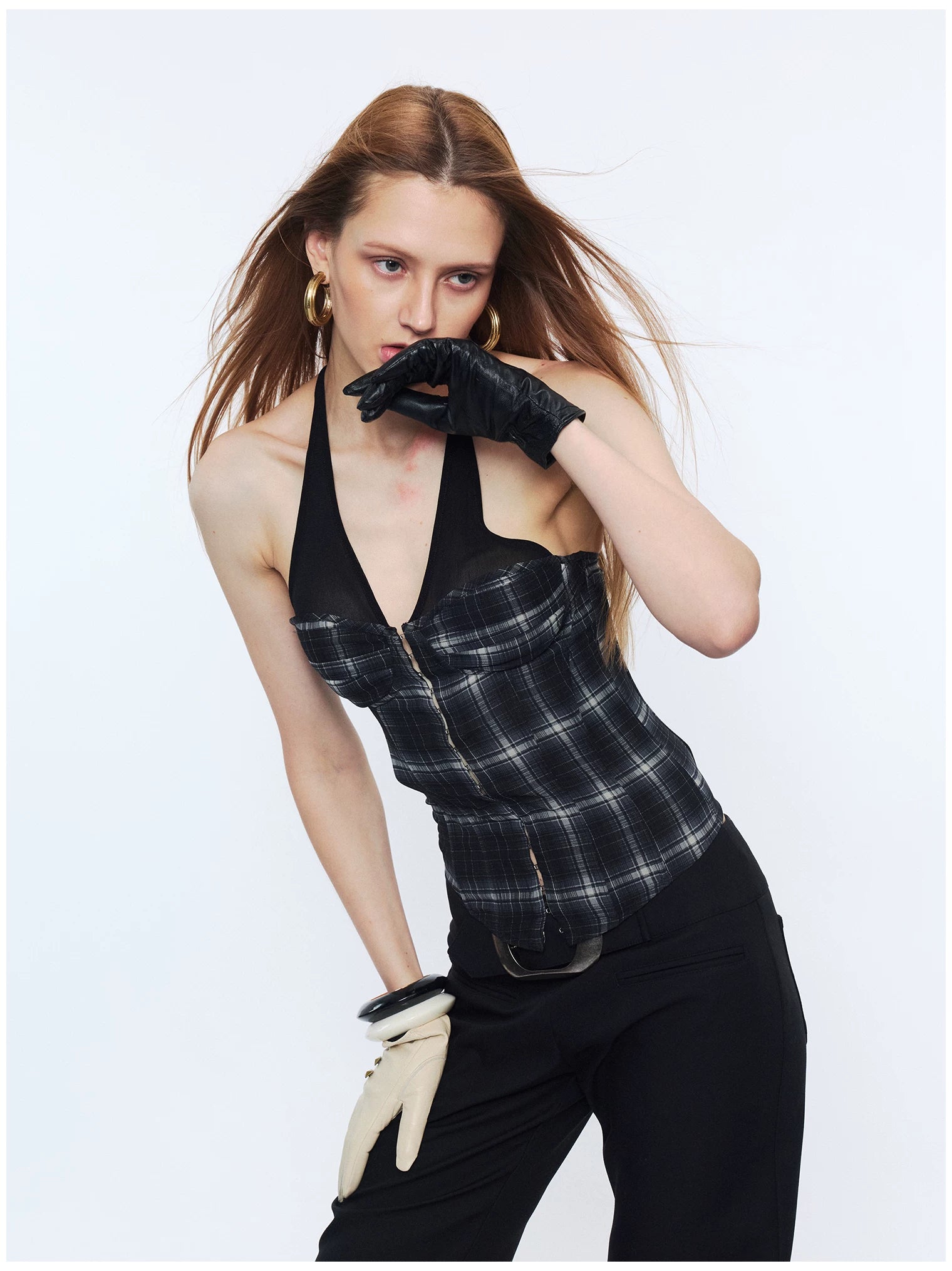 Plaid Mesh Panel Halter Corset