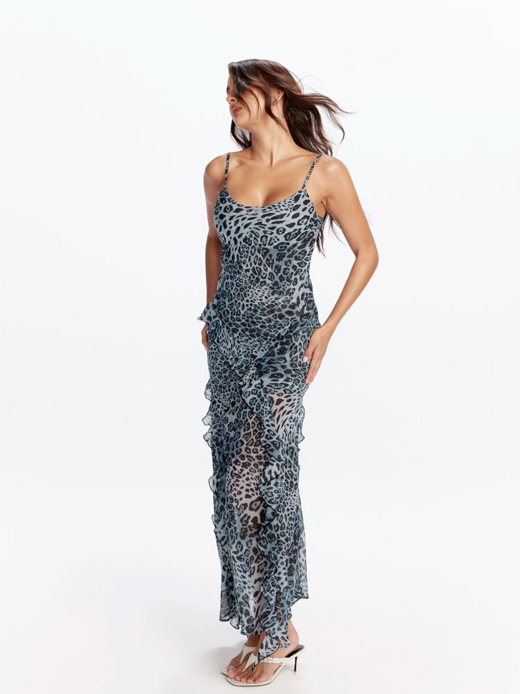 Blue Leopard Ruffle Maxi Dress