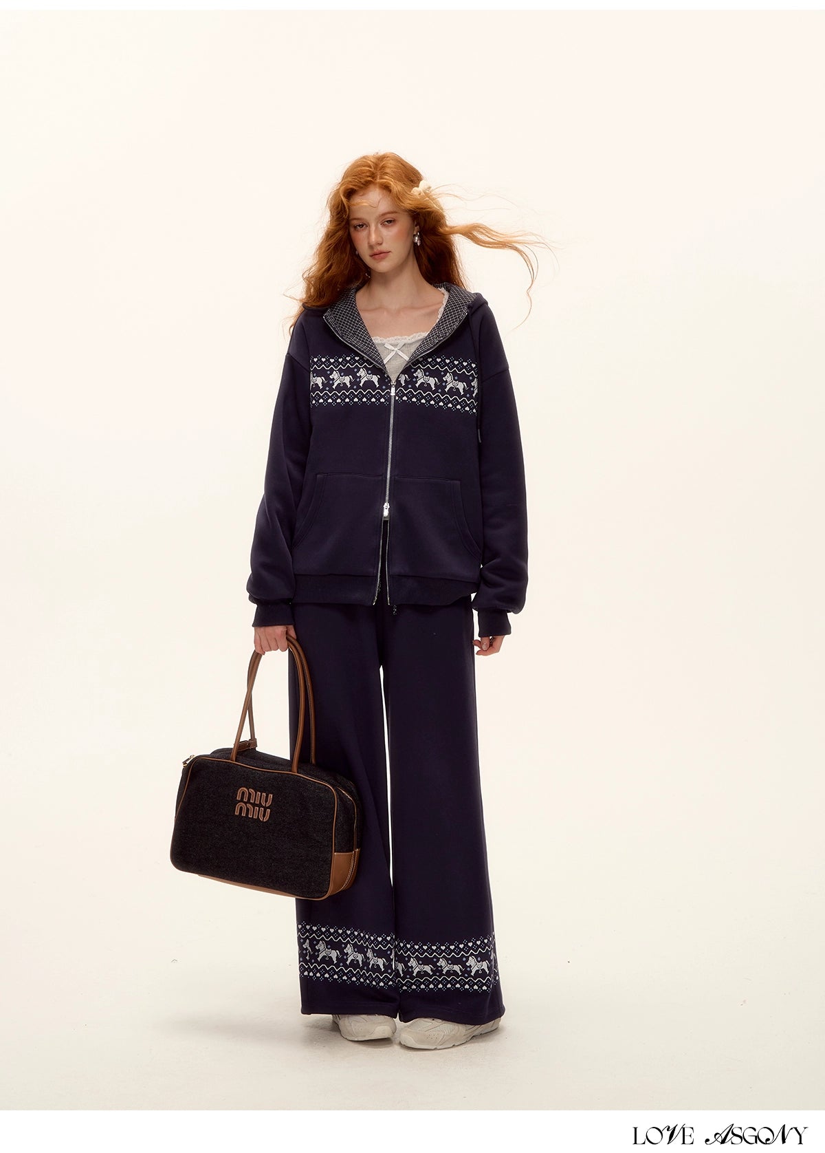 Zip-up Plaid Hoodie & Wide-Leg Pants Set