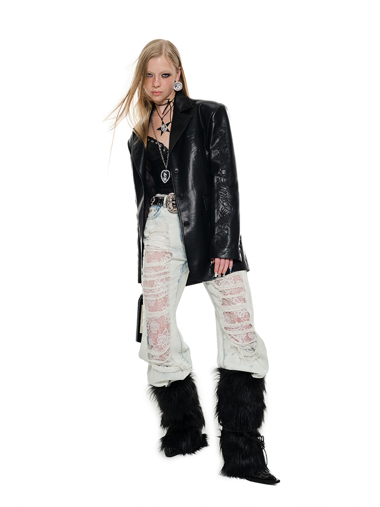 Black & White Floral Embroidered Leather Blazer - CHINASQUAD