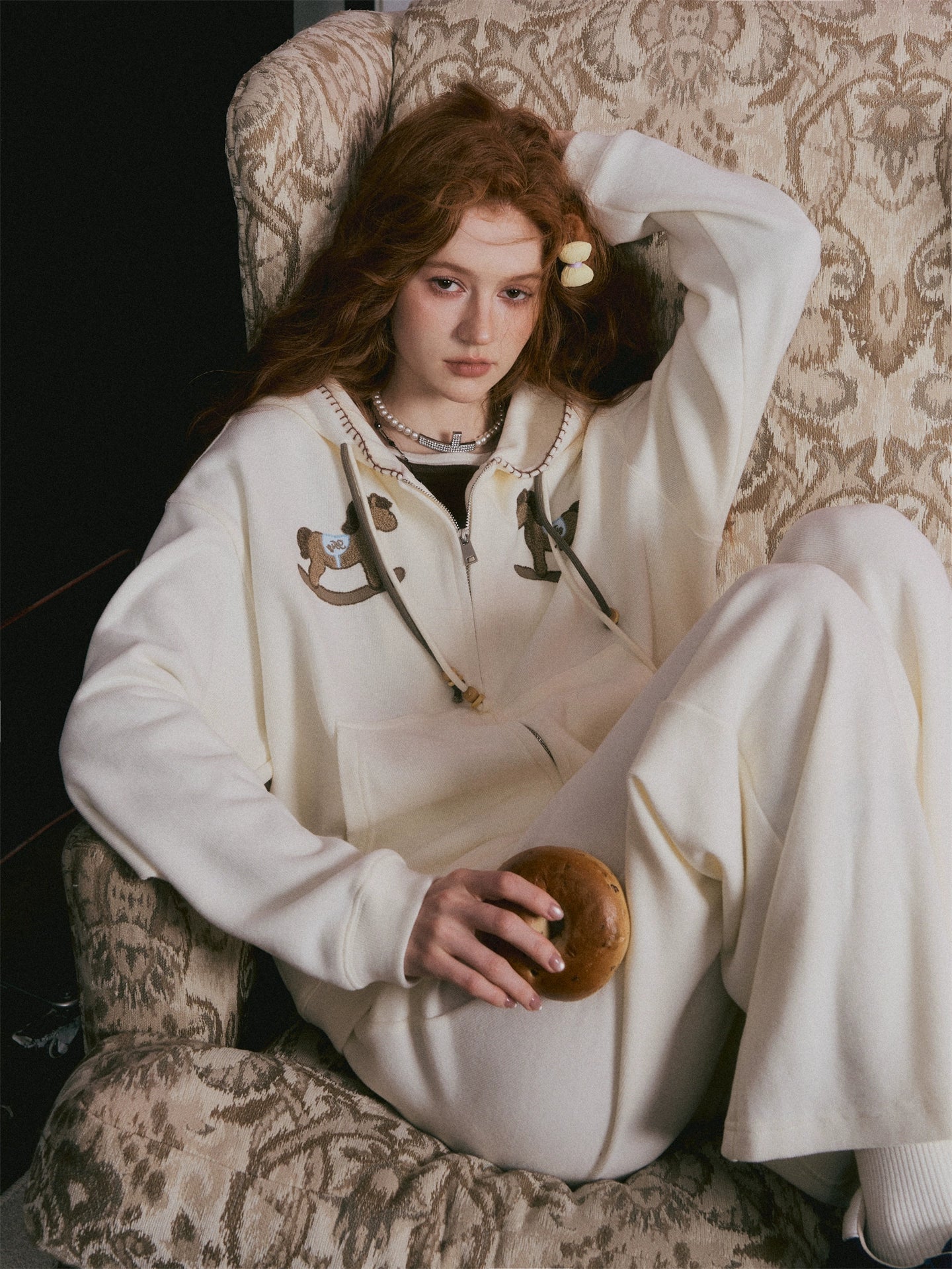 Embroidered Horse Beaded Zip-up Hoodie & Pants Set