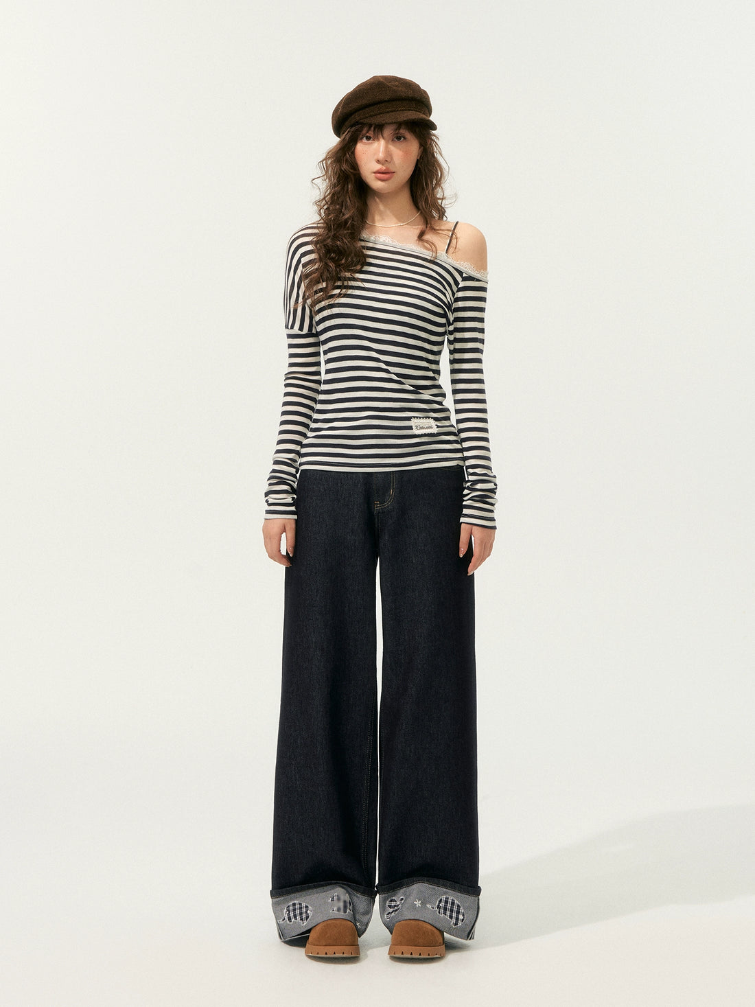 Striped Off Shoulder Fake Two-Piece T-Shirt - CHINASQUAD