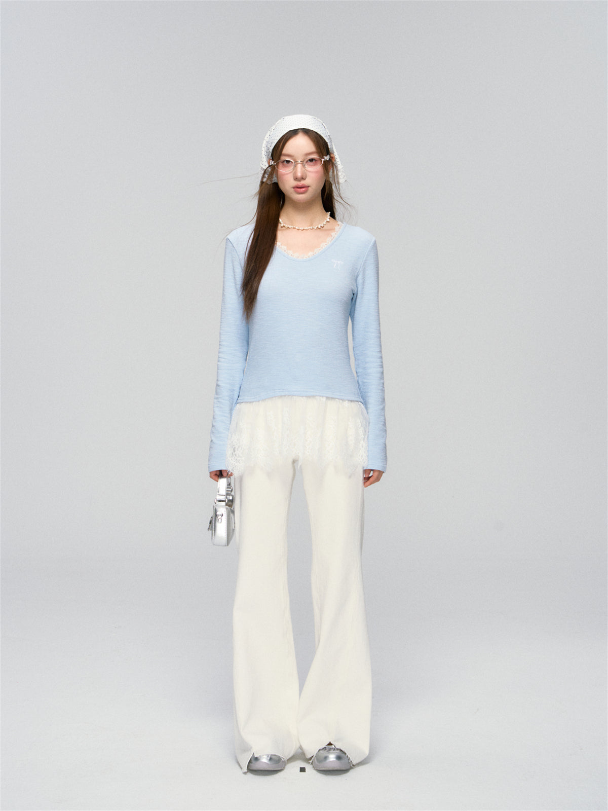 Lace-Patchwork Gray V-neck Long-Sleeve Top - CHINASQUAD