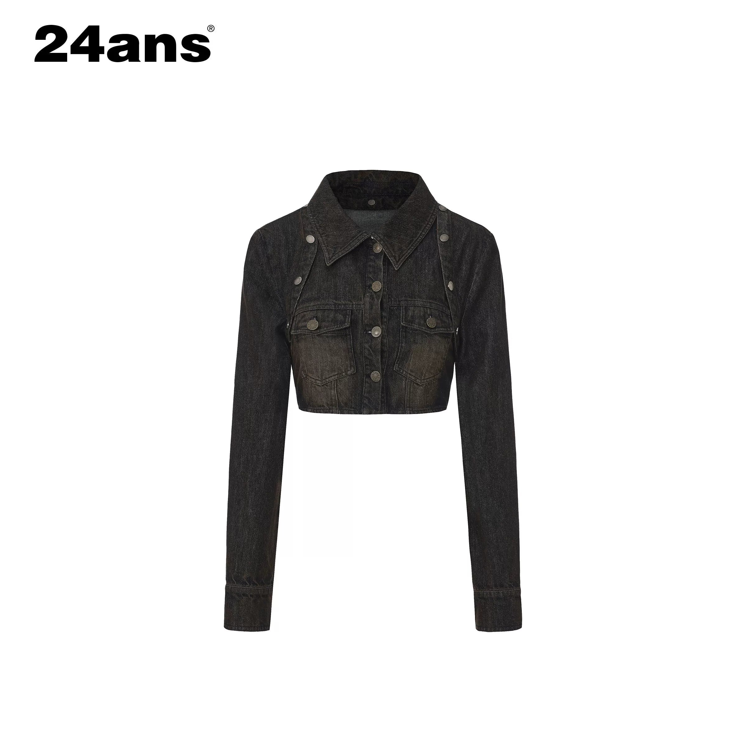 Y2K Washed Denim Cropped Set with Embroidered Patch Detail