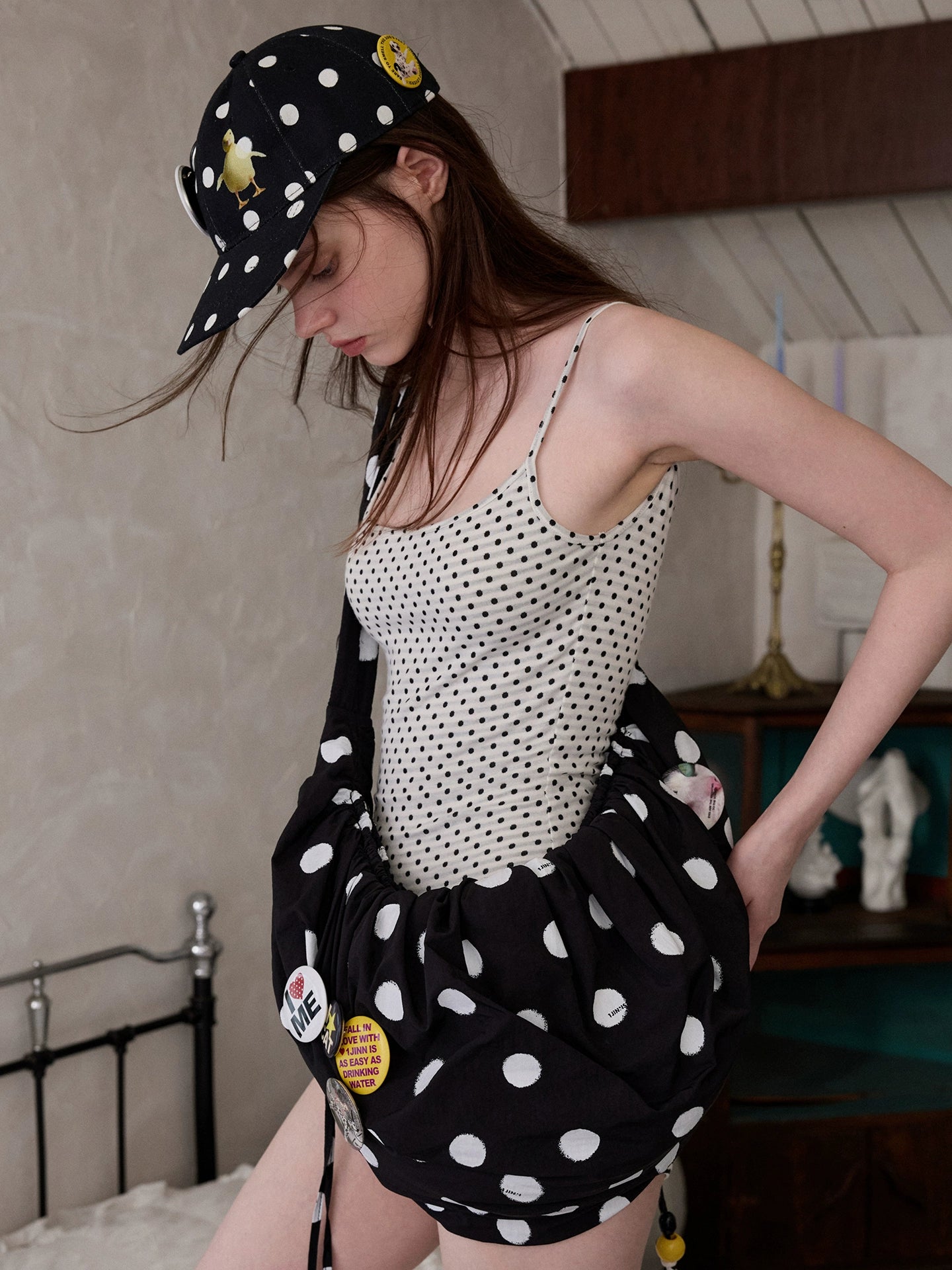 Badge-Embellished Black & White Polka Dot Canvas Flat-Brim Baseball Cap - CHINASQUAD