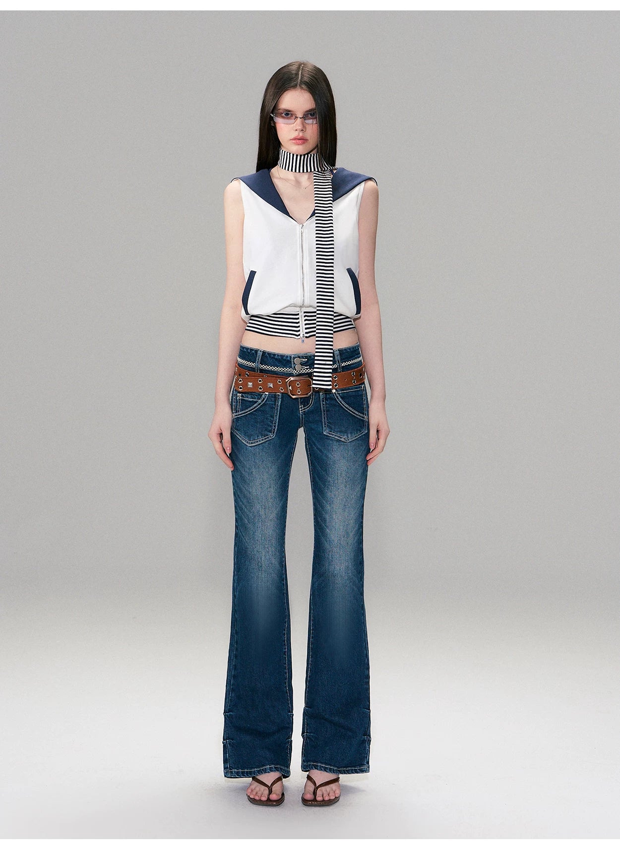 Color-Block Nautical Sailor Collar Sleeveless Top