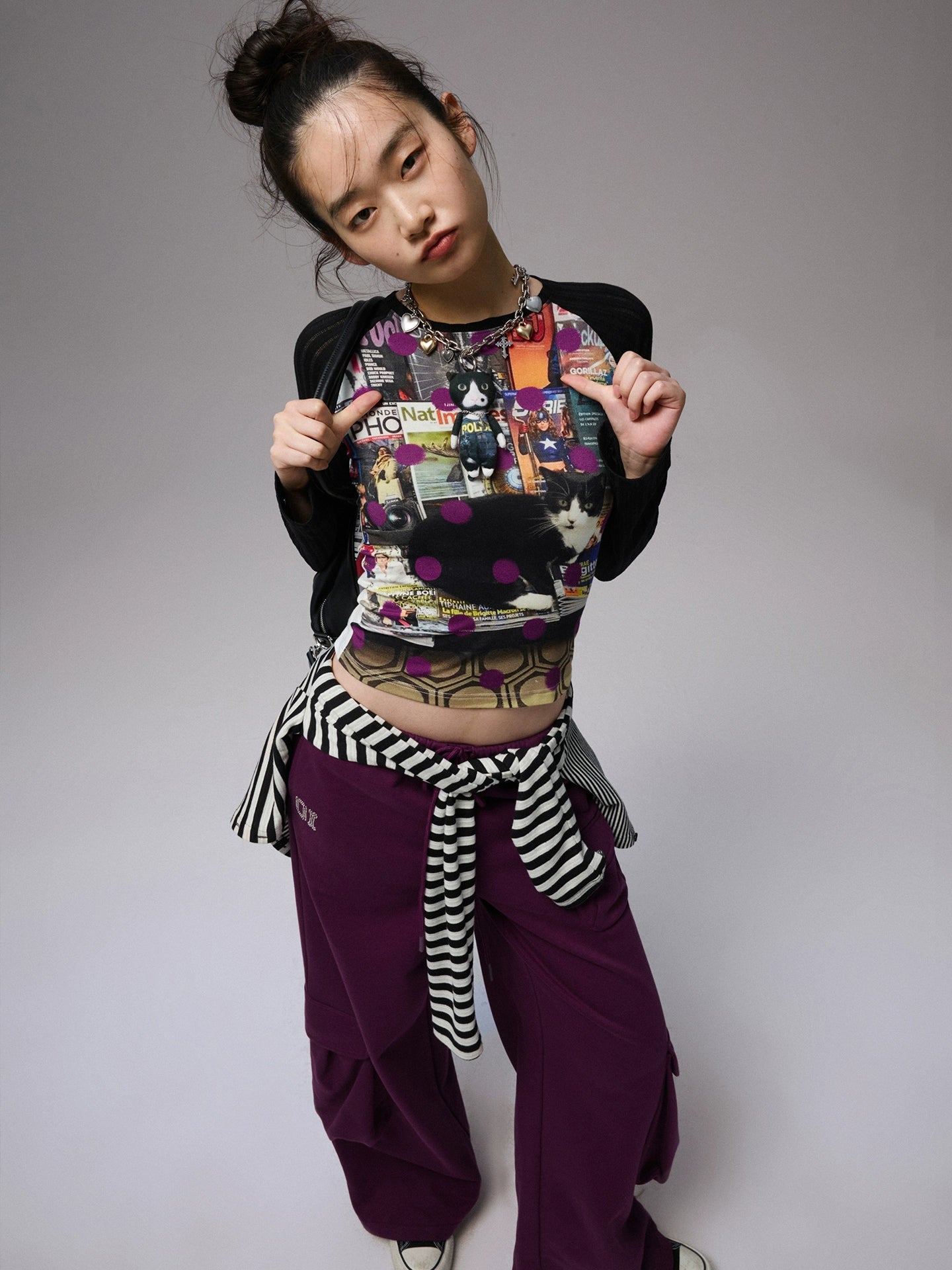 Cat Print Raglan Sleeve Color-Blocking T-Shirt