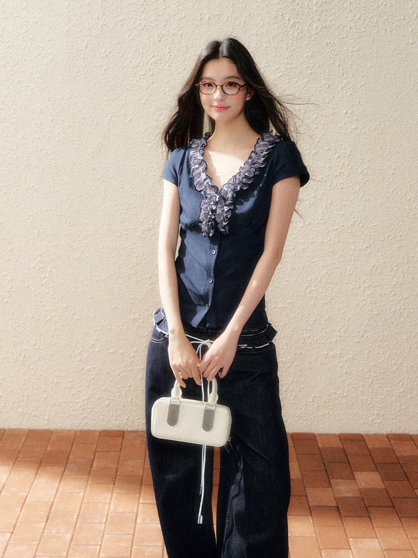 Navy Lace-Trim Knit Blouse - CHINASQUAD