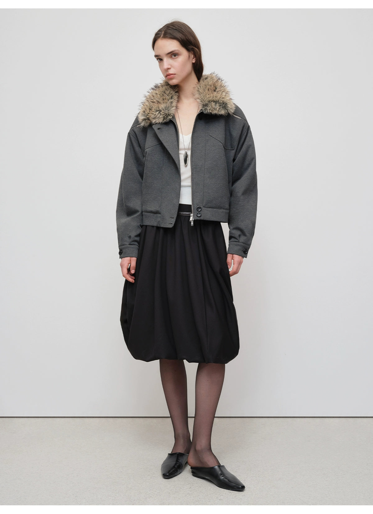 Detachable Fur Collar Knit Zip-Up Jacket - CHINASQUAD