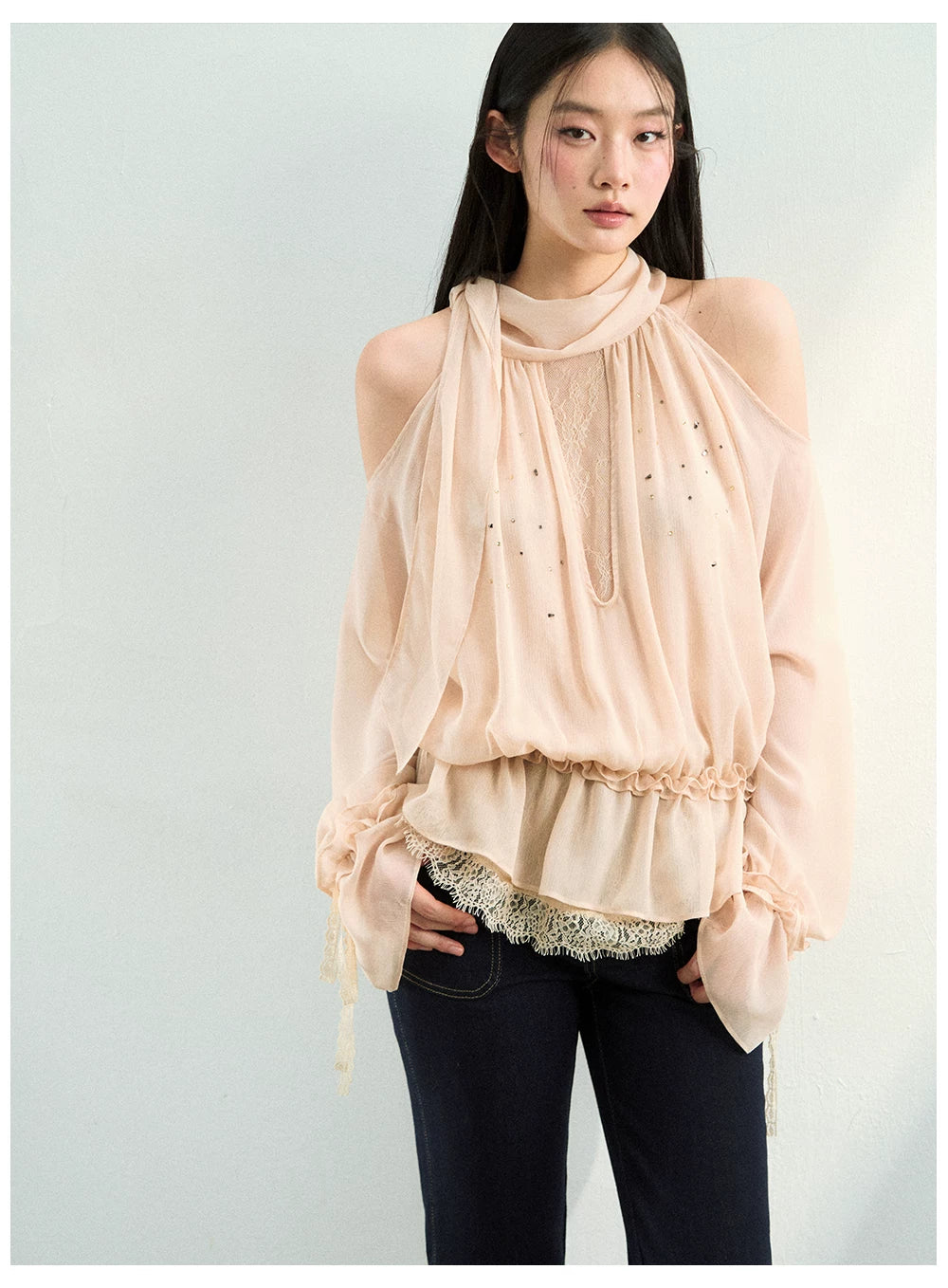 Rhinestone Sheer Chiffon Blouse