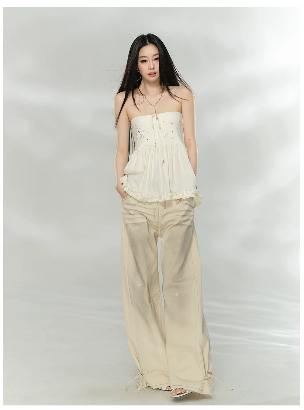 Vintage Washed Bow-Tie Denim Trousers