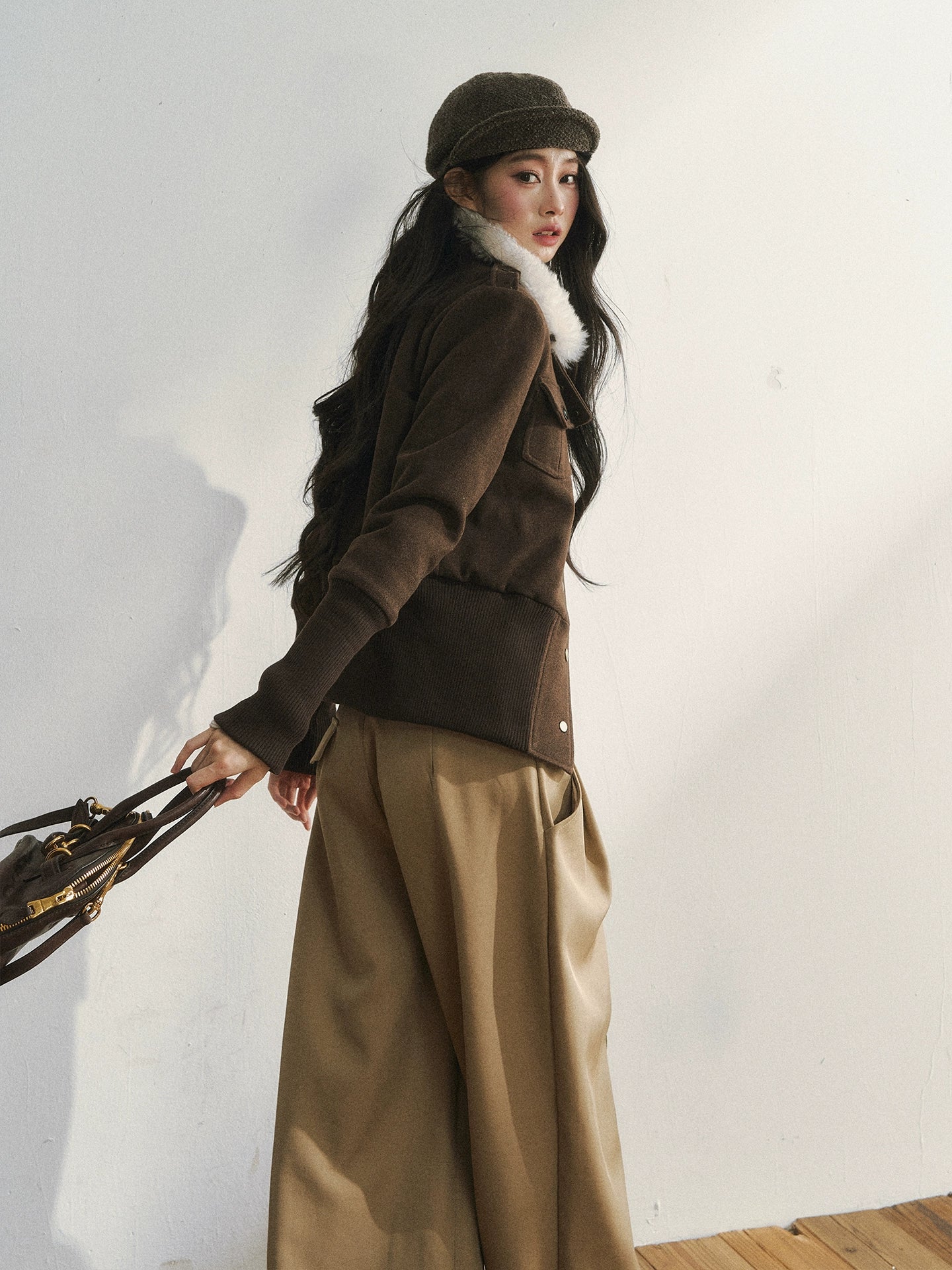 Vintage-Inspired Brown Fleece Lining Wool-Blend Jacket