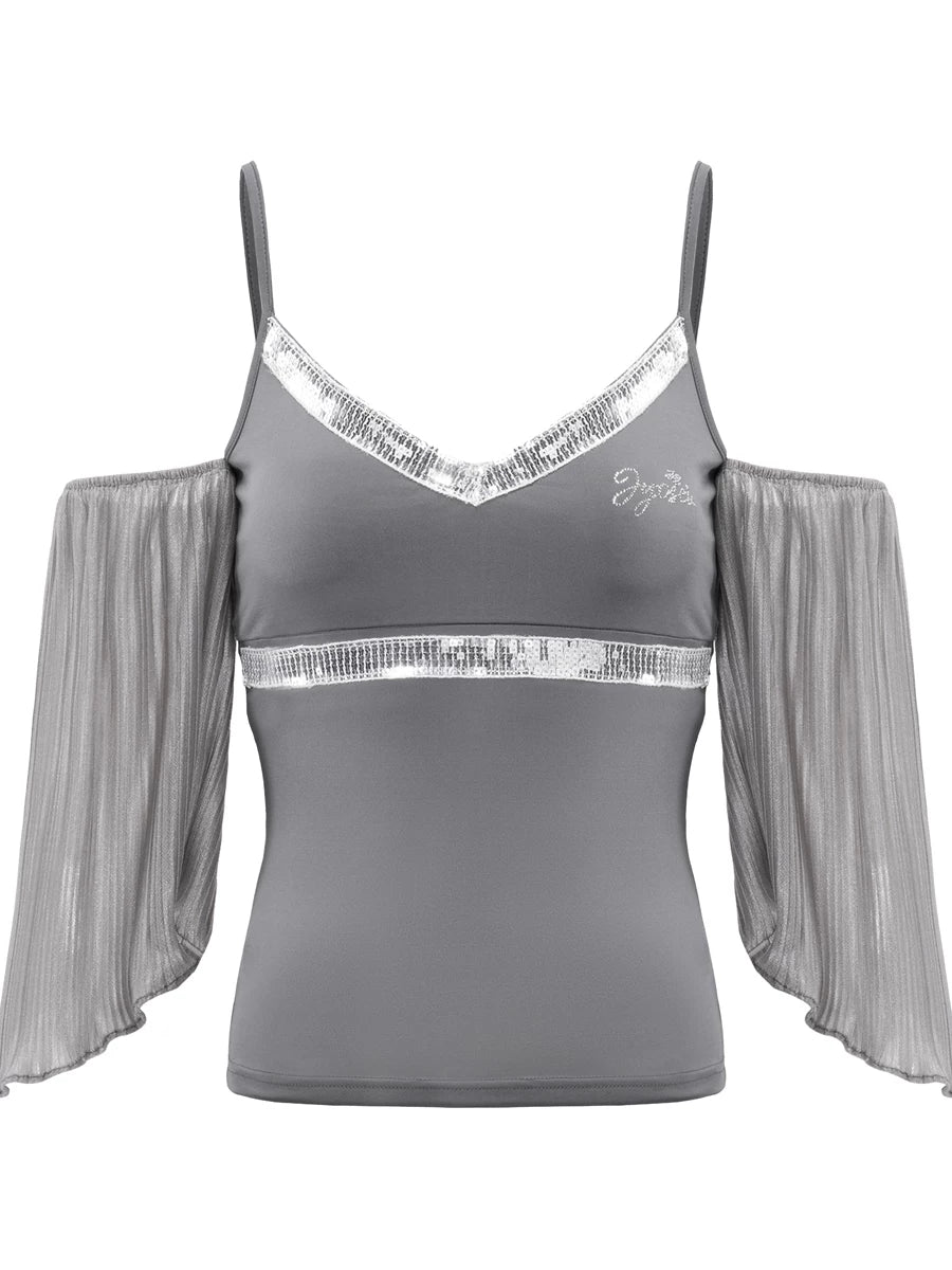 Grey Sequin-Trim V-Neck Pleated Sleeve Camisole
