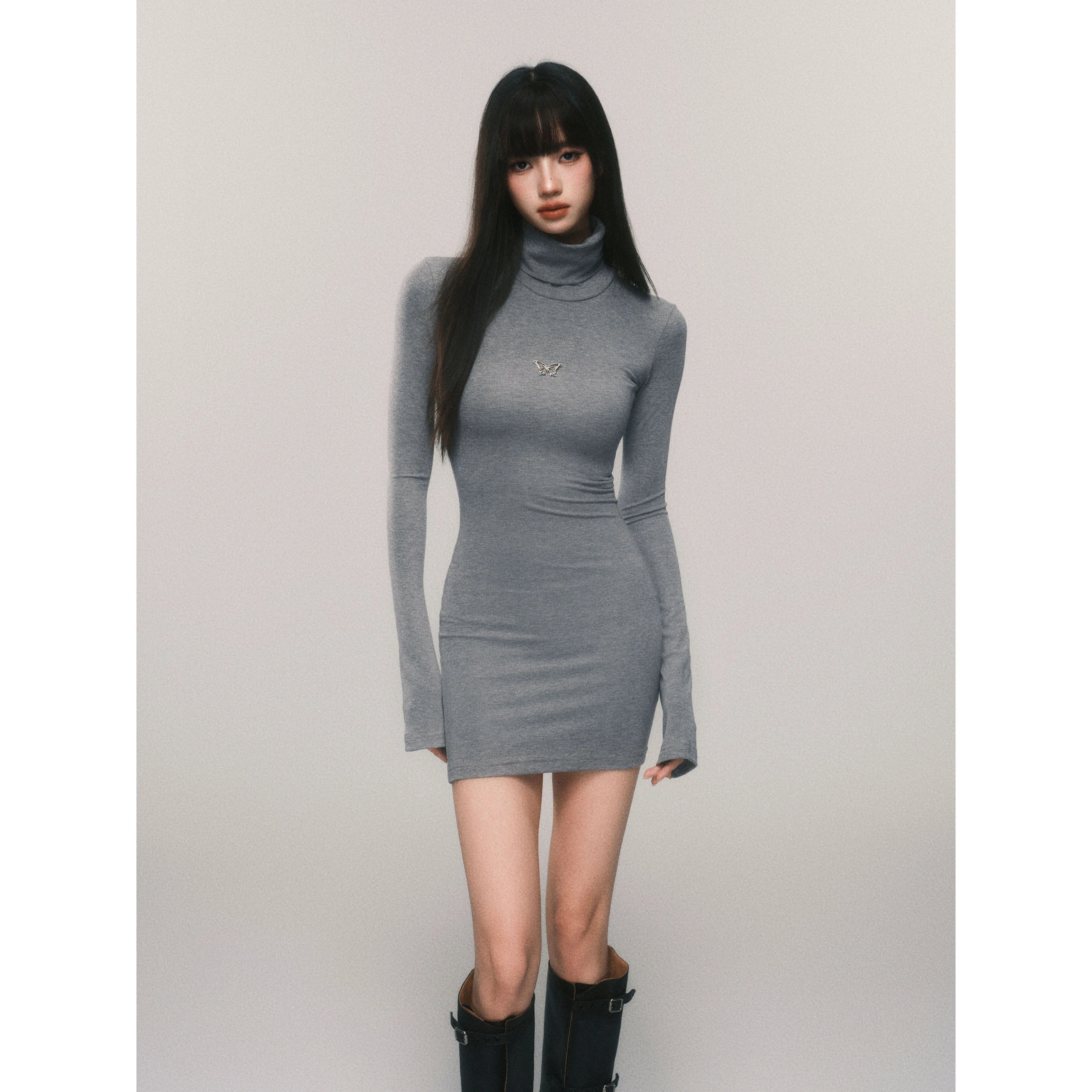 Slim-Fit Turtleneck Flared-Sleeve Knit Dress