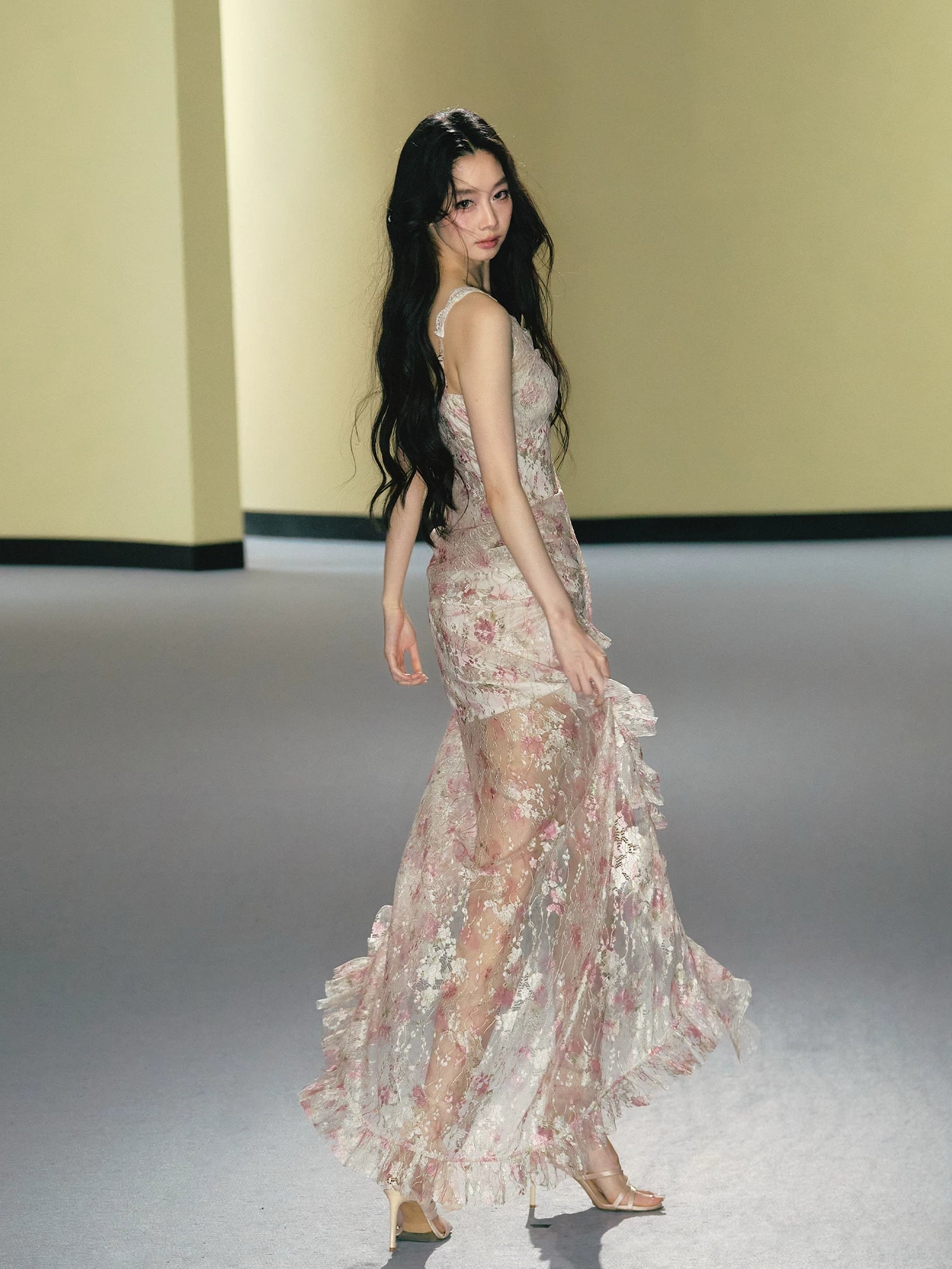 Misty Blush Lace-Panel Slip Maxi Dress