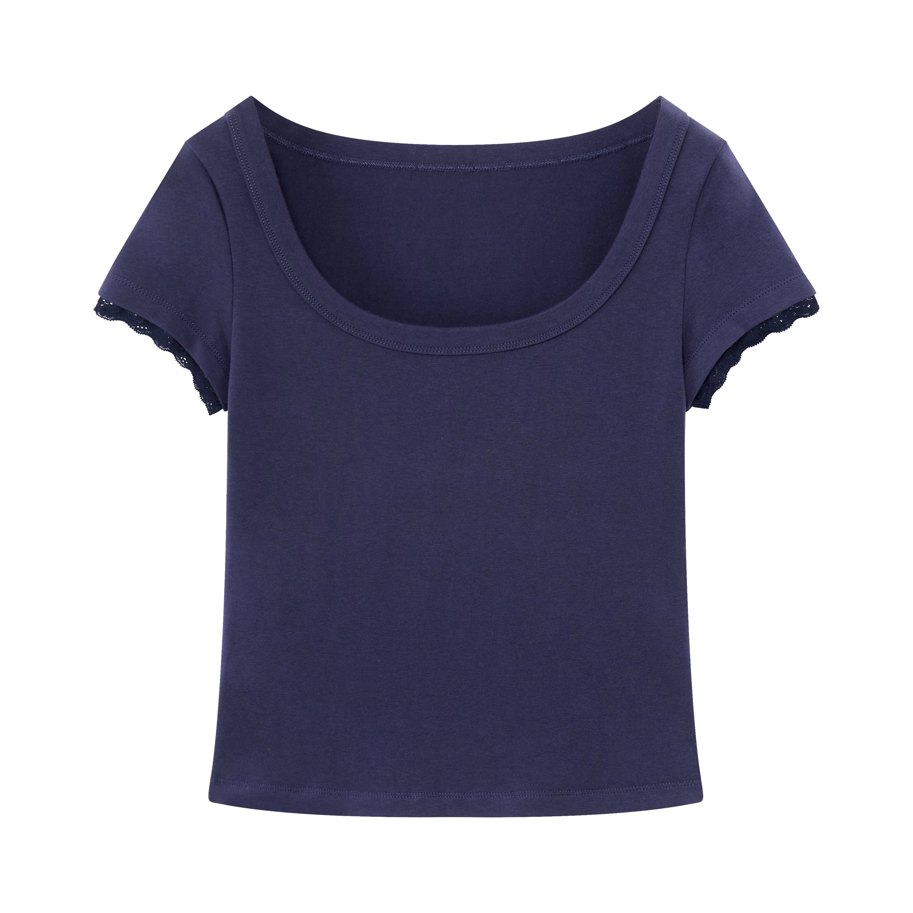 Lace Trim Scoop Neck Fitted Cotton T-Shirt