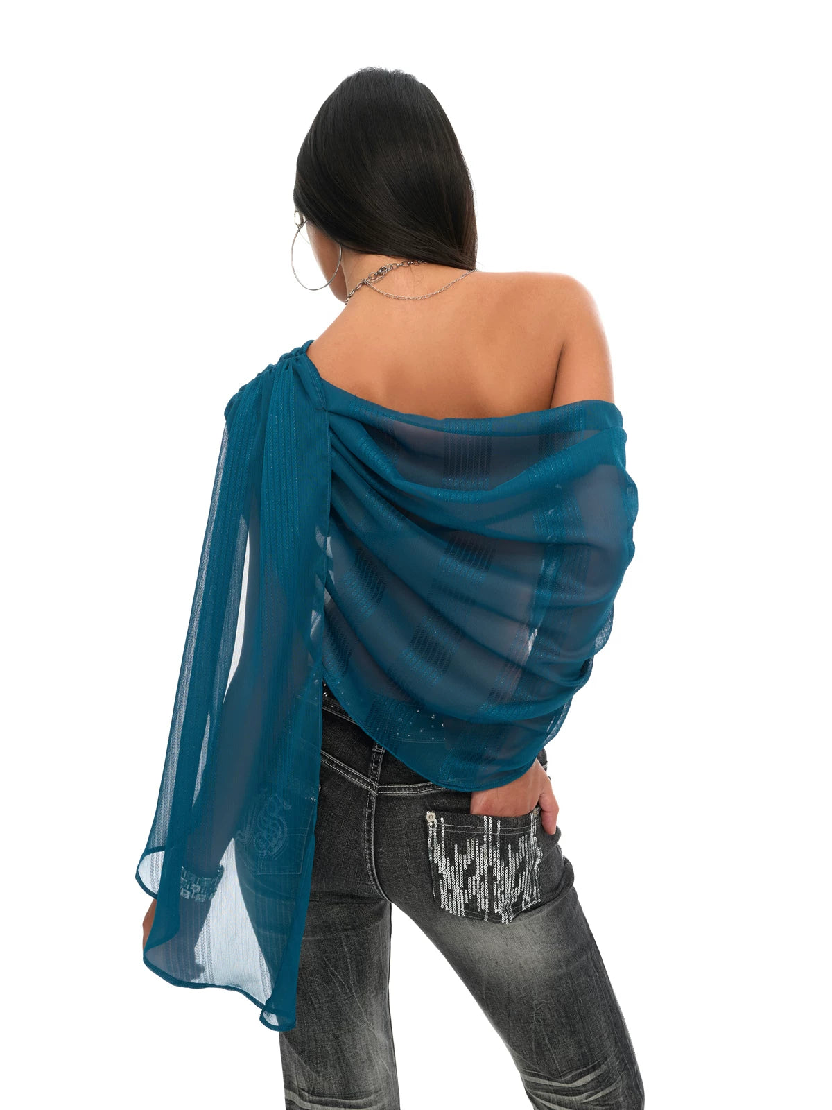 Peacock Blue Draped Off-Shoulder Sheer Chiffon Blouse