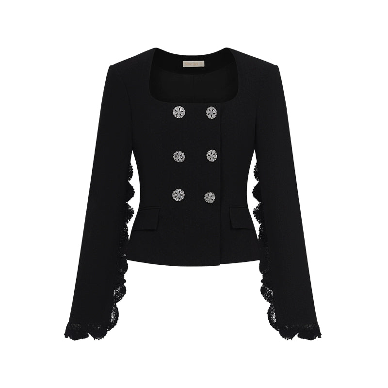 Mirage Vintage Lace-Collar Blazer & Flared Skirt Set - CHINASQUAD