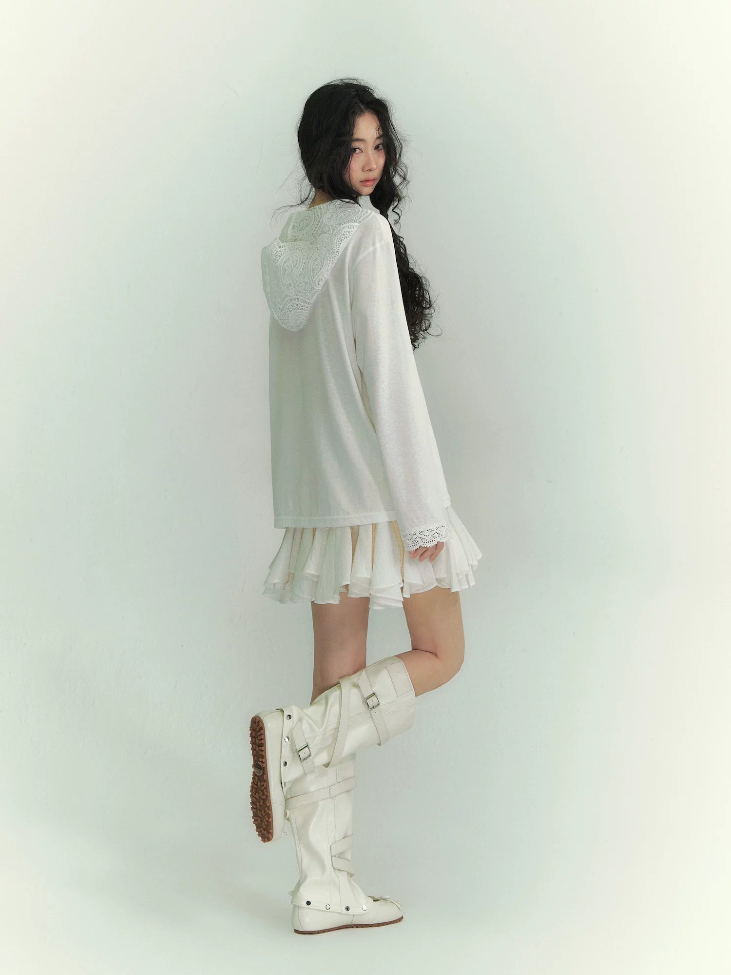 Lace Panel Tie-Detail Hooded Blouse