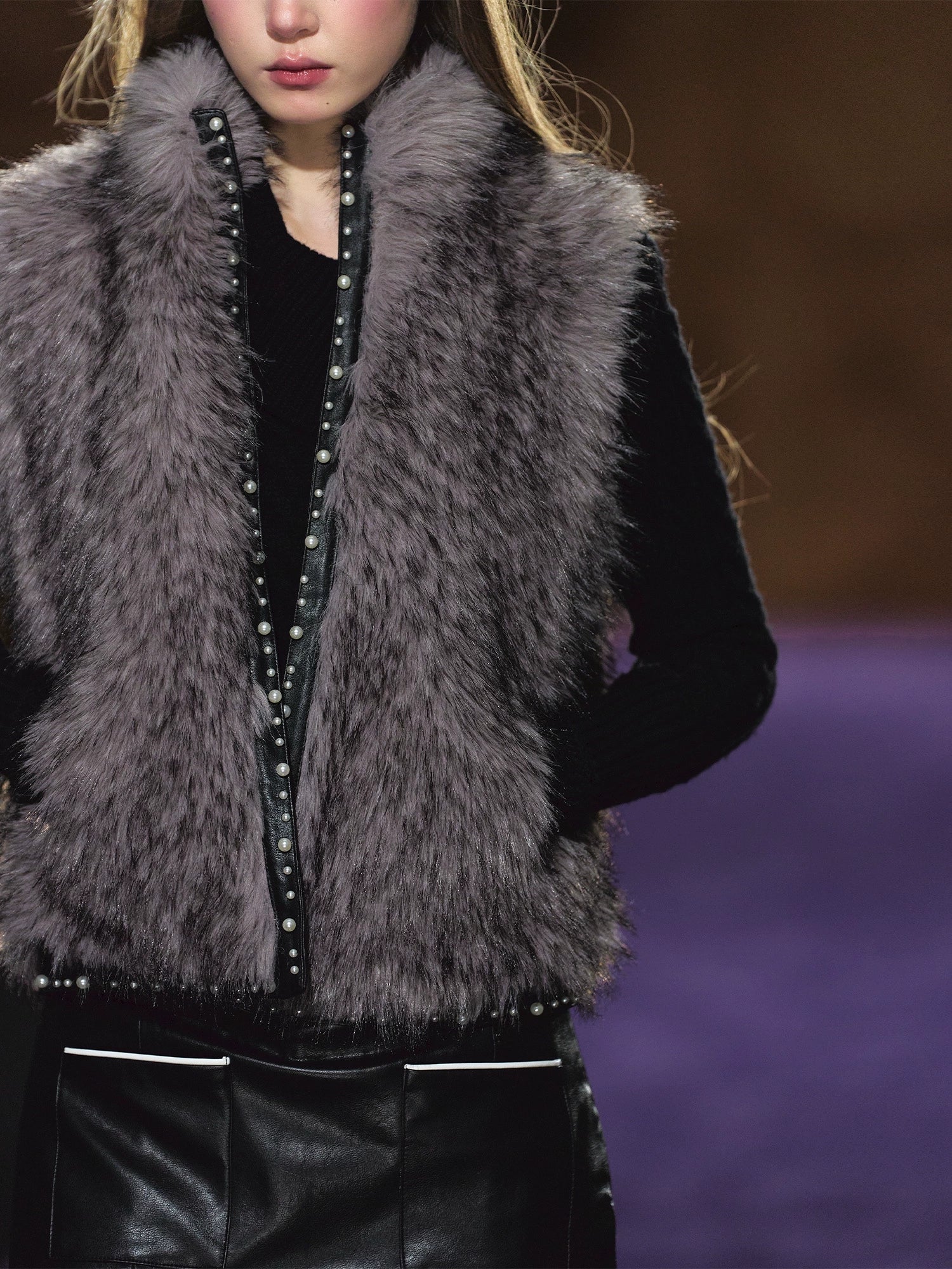 Beaded Faux Fur Layered Vest