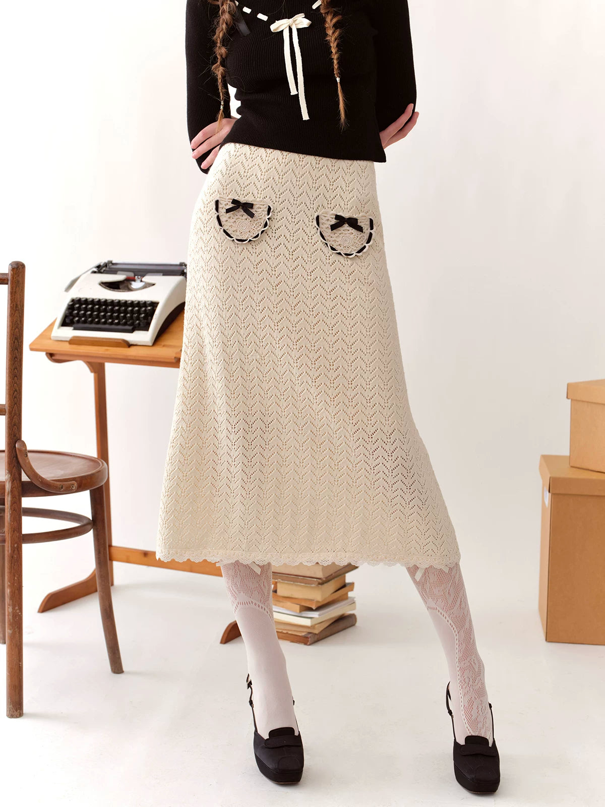 Collegiate White Mock-Neck Knit Top & Skirt Set